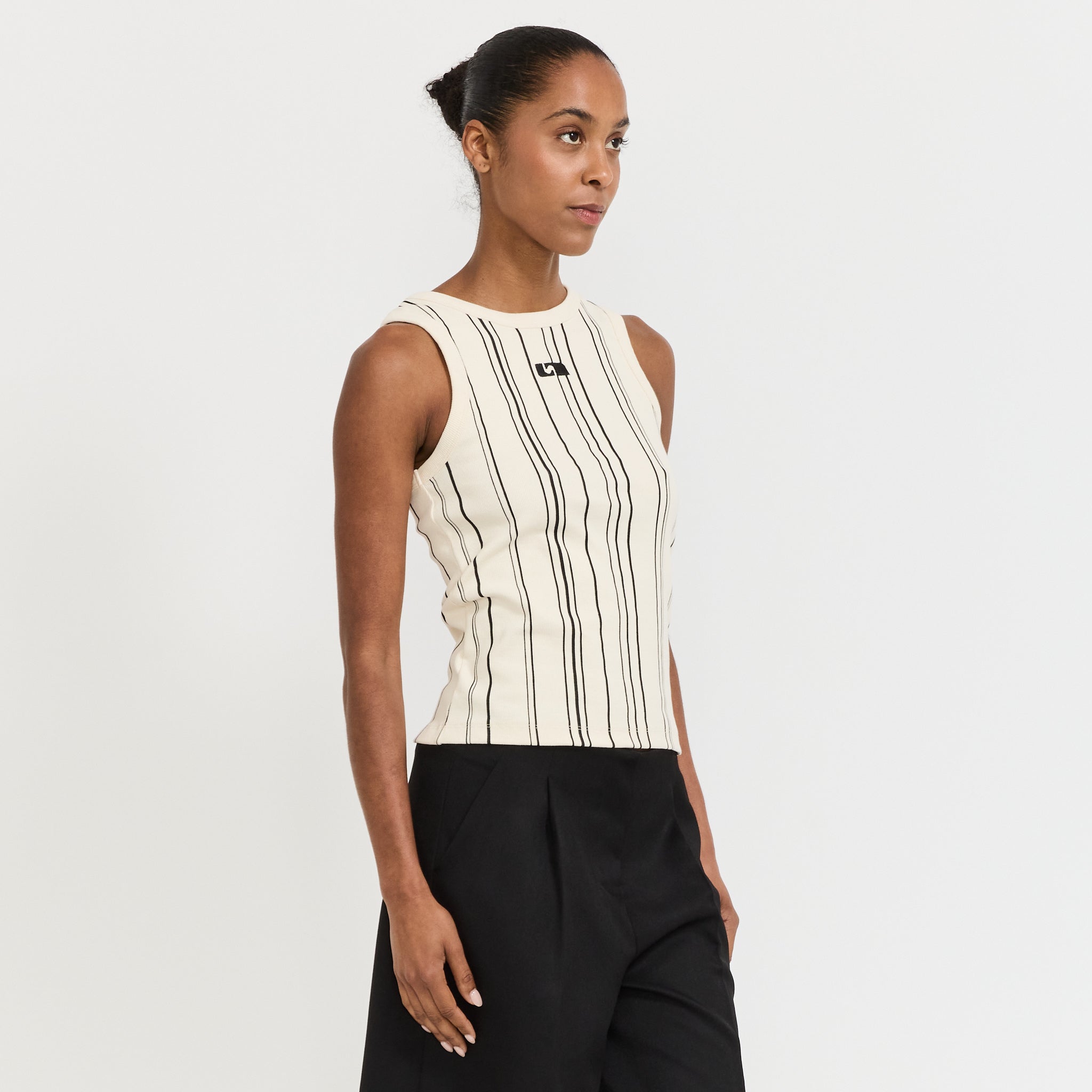 Embroidered Stripe Logo Tank Ecru