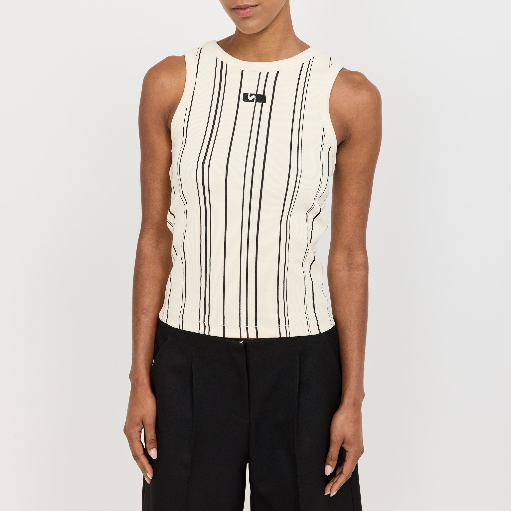 Embroidered Stripe Logo Tank Ecru