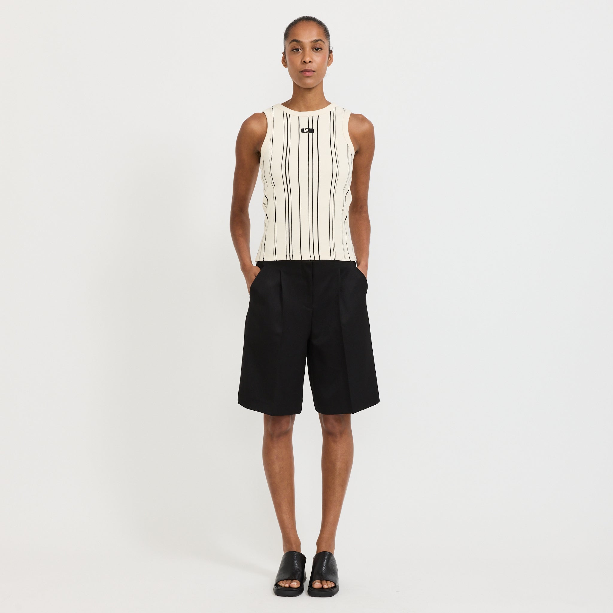 Embroidered Stripe Logo Tank Ecru