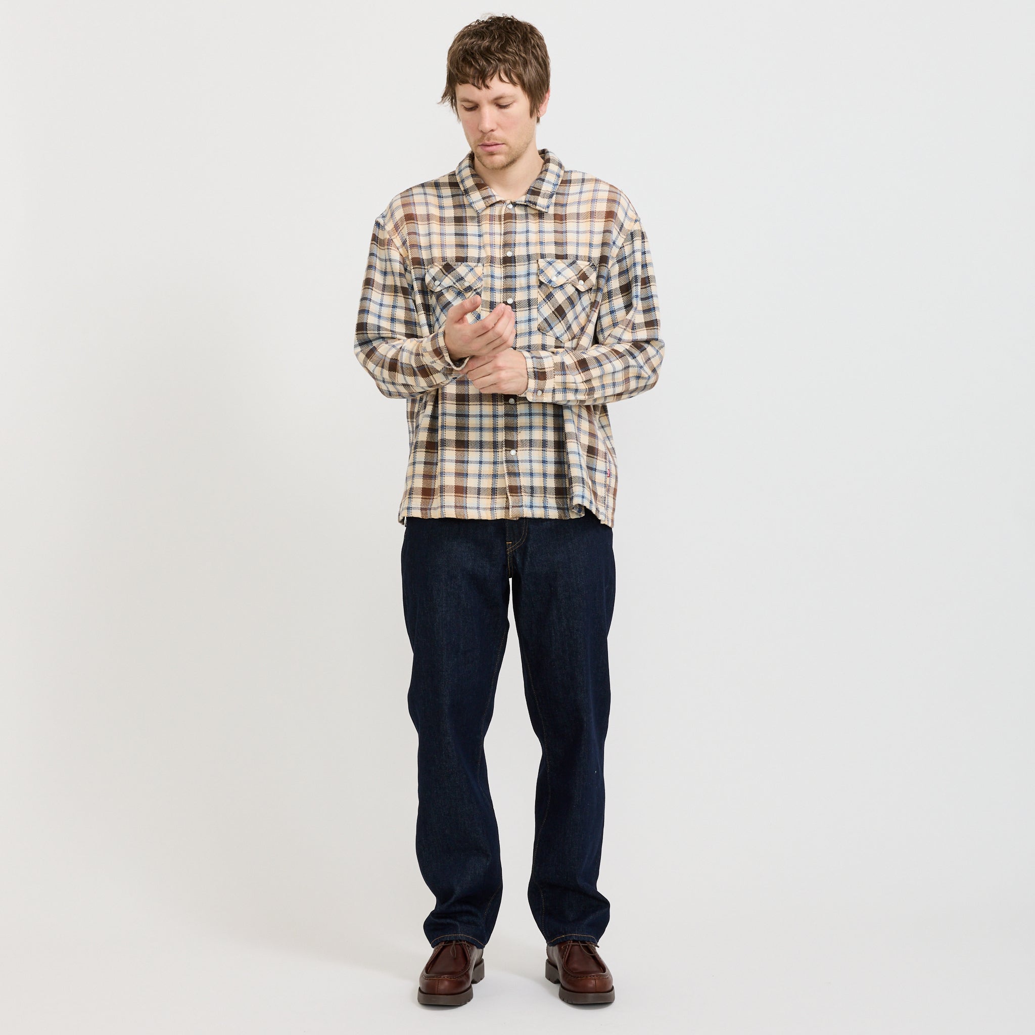 L/S Boxy Western Shirt Tanner Plaid Whitecap Grey