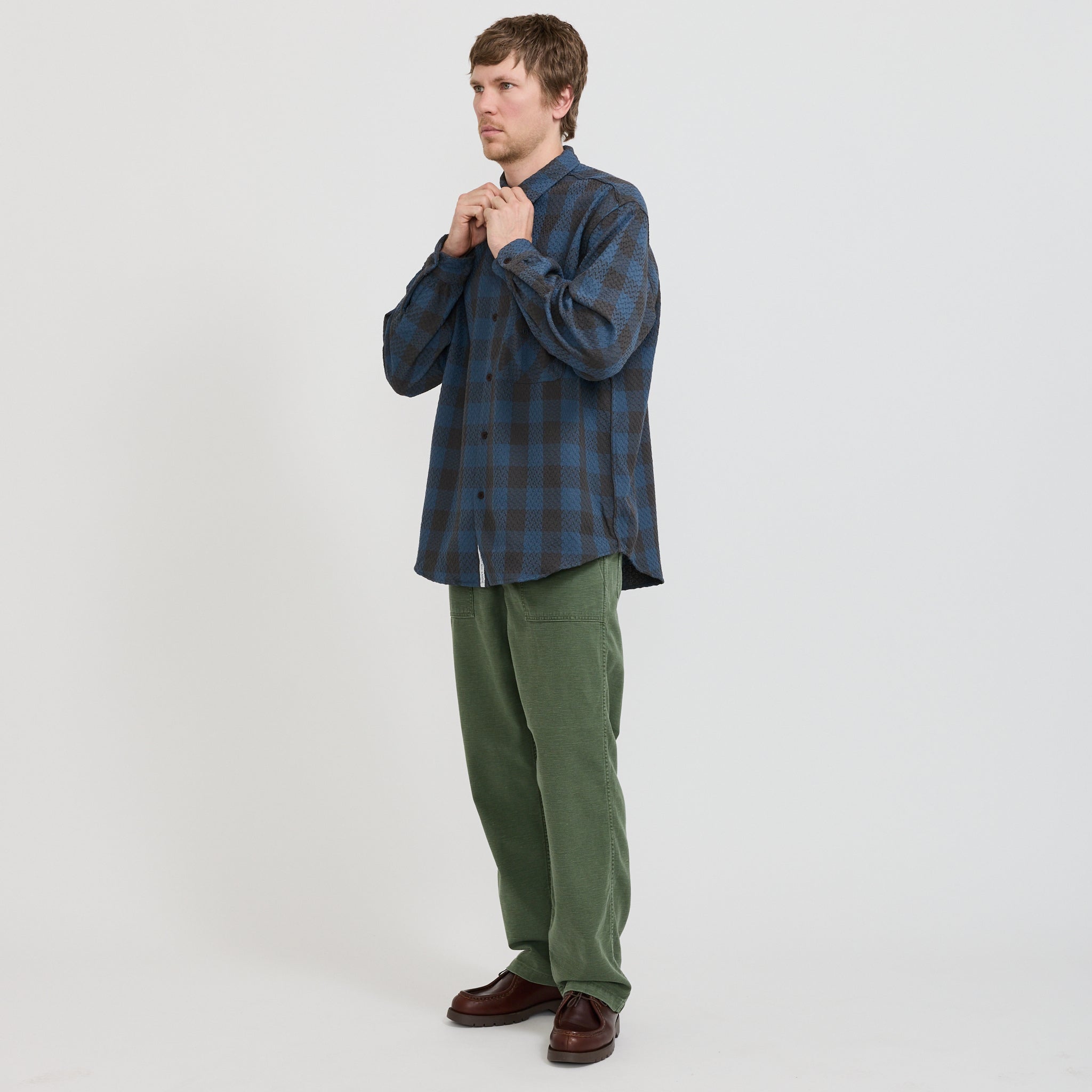 OOAL Block Check Jacquard Shirt Blue