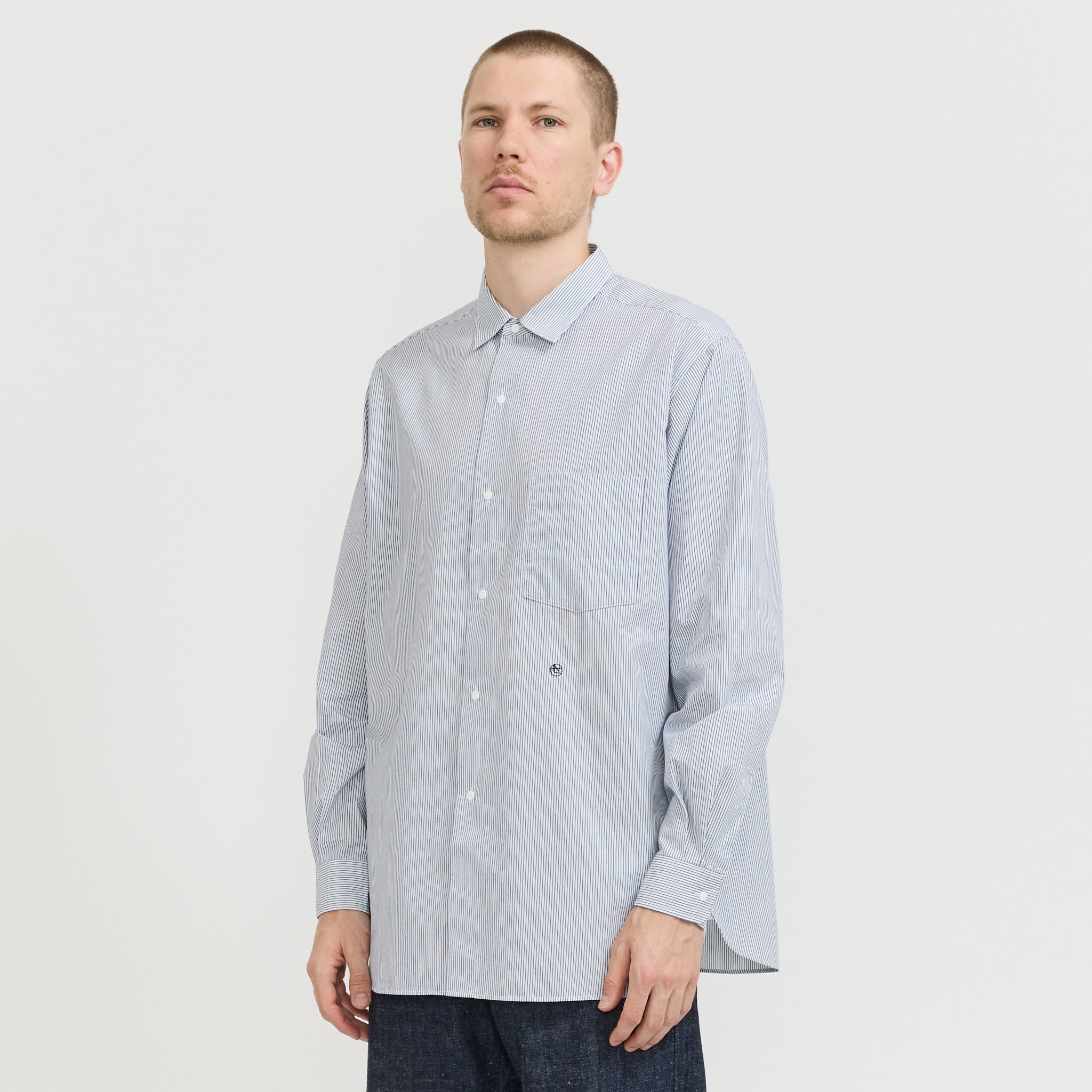 Regular Collar Stripe Wind Shirt Navy