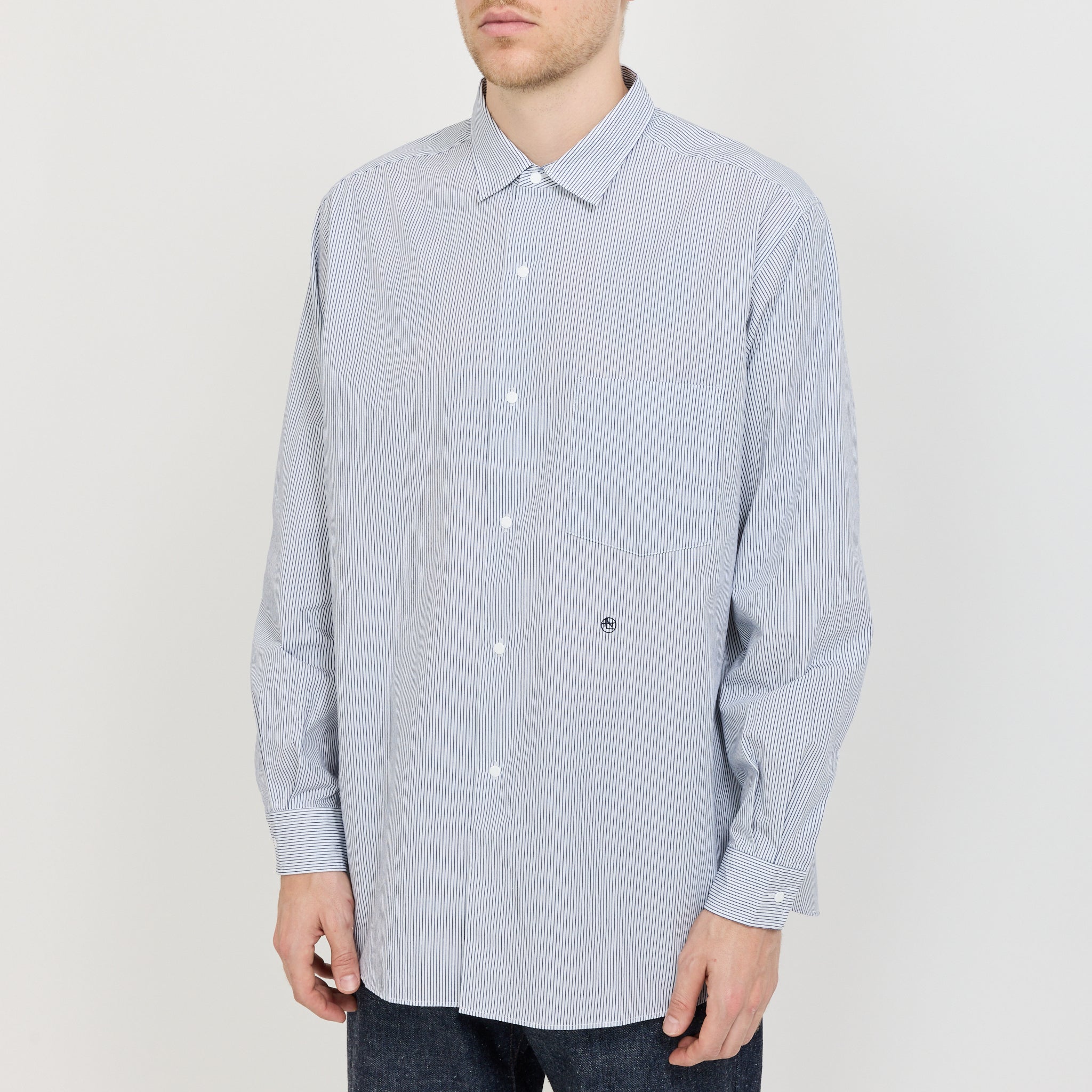 Regular Collar Stripe Wind Shirt Navy