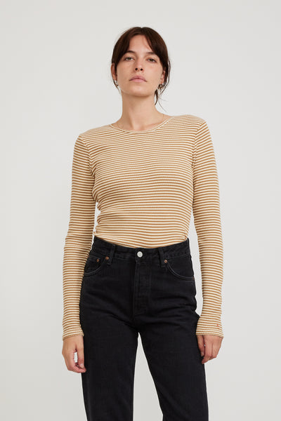 Nudie Jeans Co. | Jessy Striped Rib LS T-Shirt Brown/Off White | Maplestore