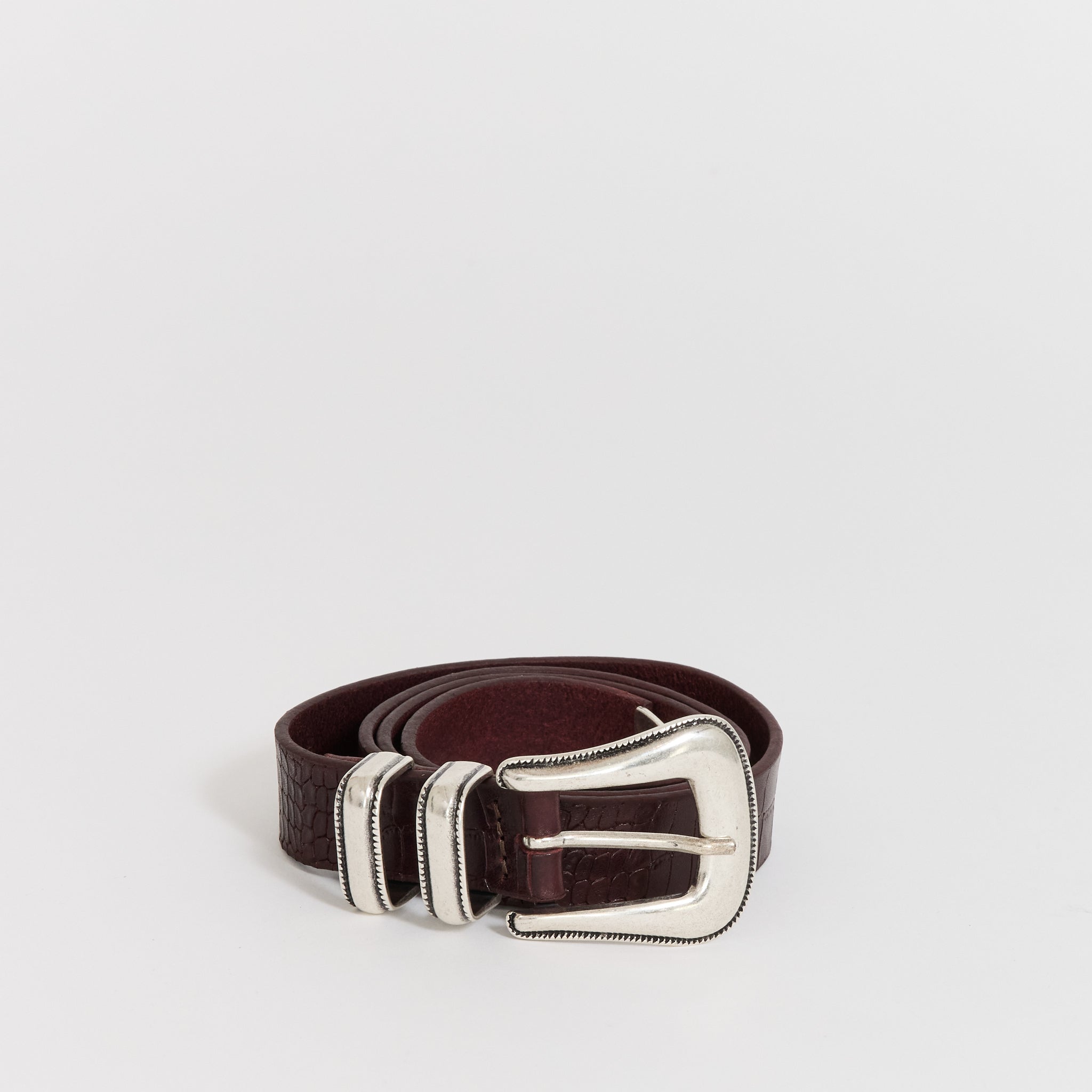 Western Faux Croco Silver Belt Burgundy