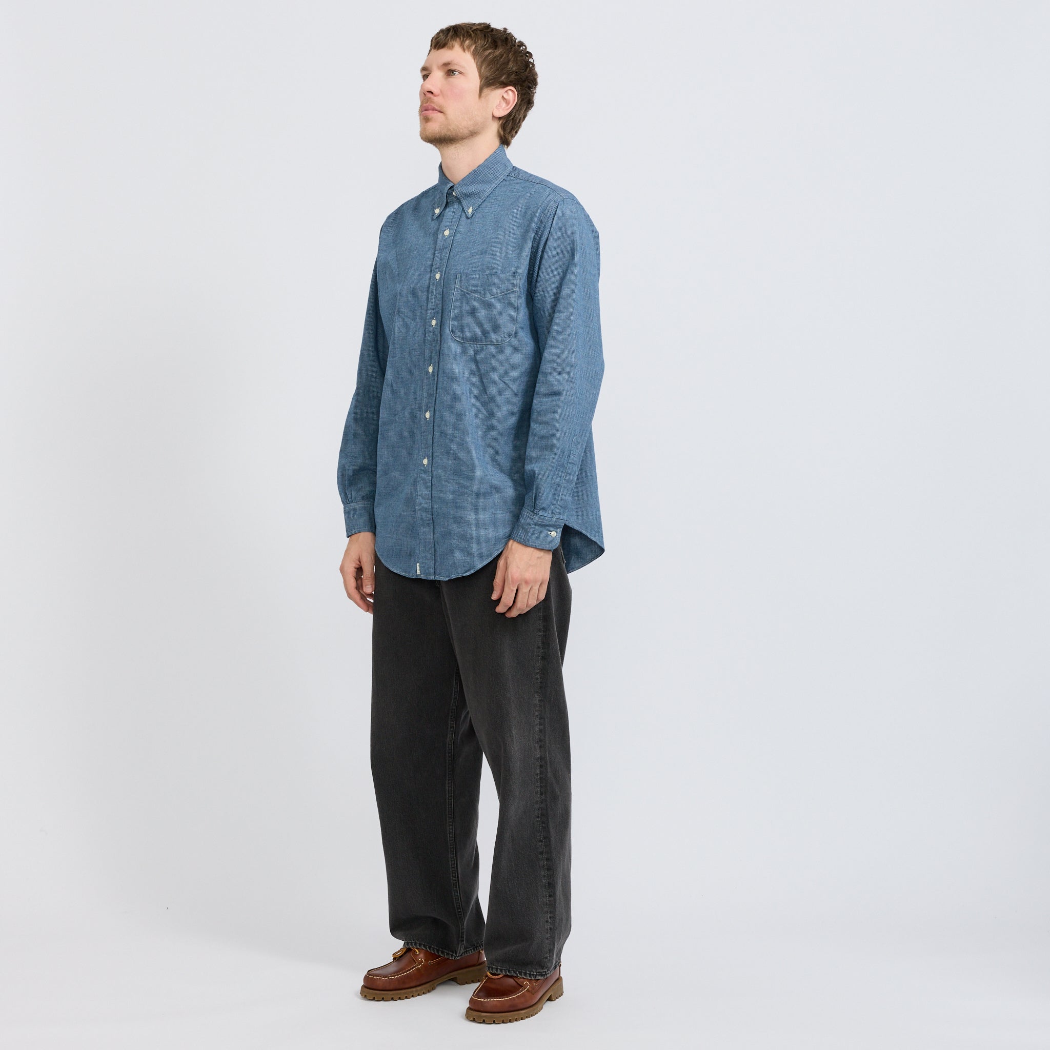 Small Check Indigo Chambray Standard Button Down Shirt Check Chambray