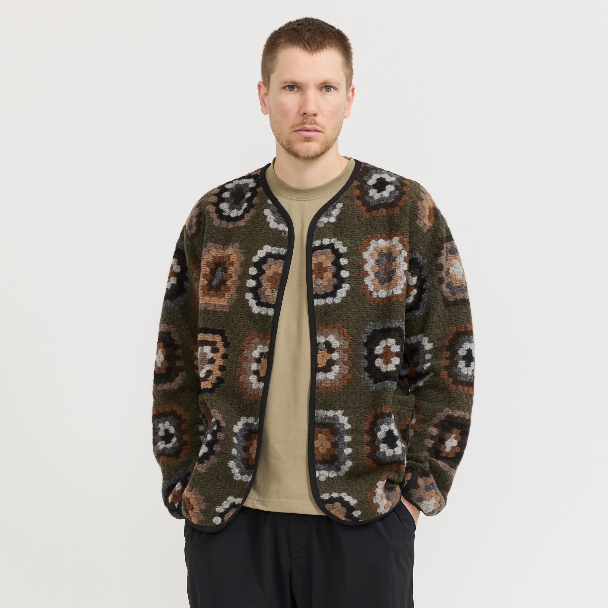 Wool Jacquard Cardigan Olive