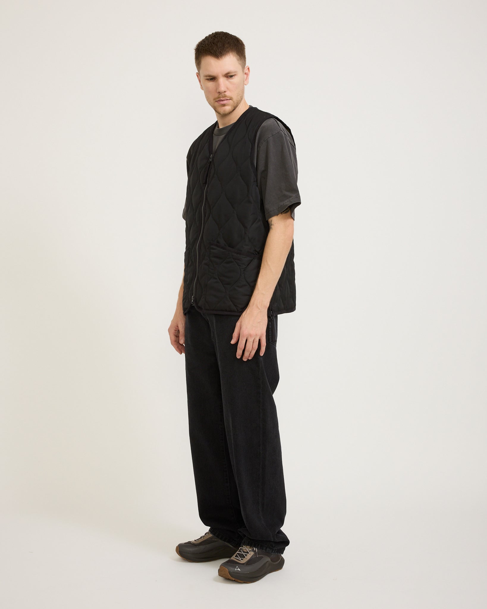 Military Zip V Neck Down Vest Black