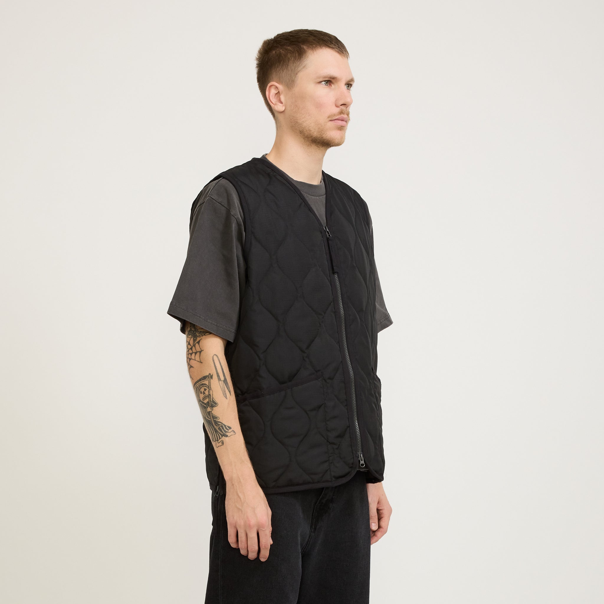 Military Zip V Neck Down Vest Black