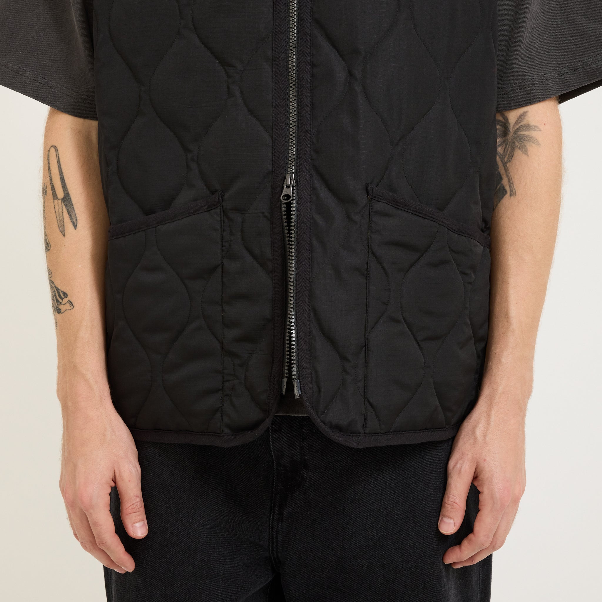 Military Zip V Neck Down Vest Black