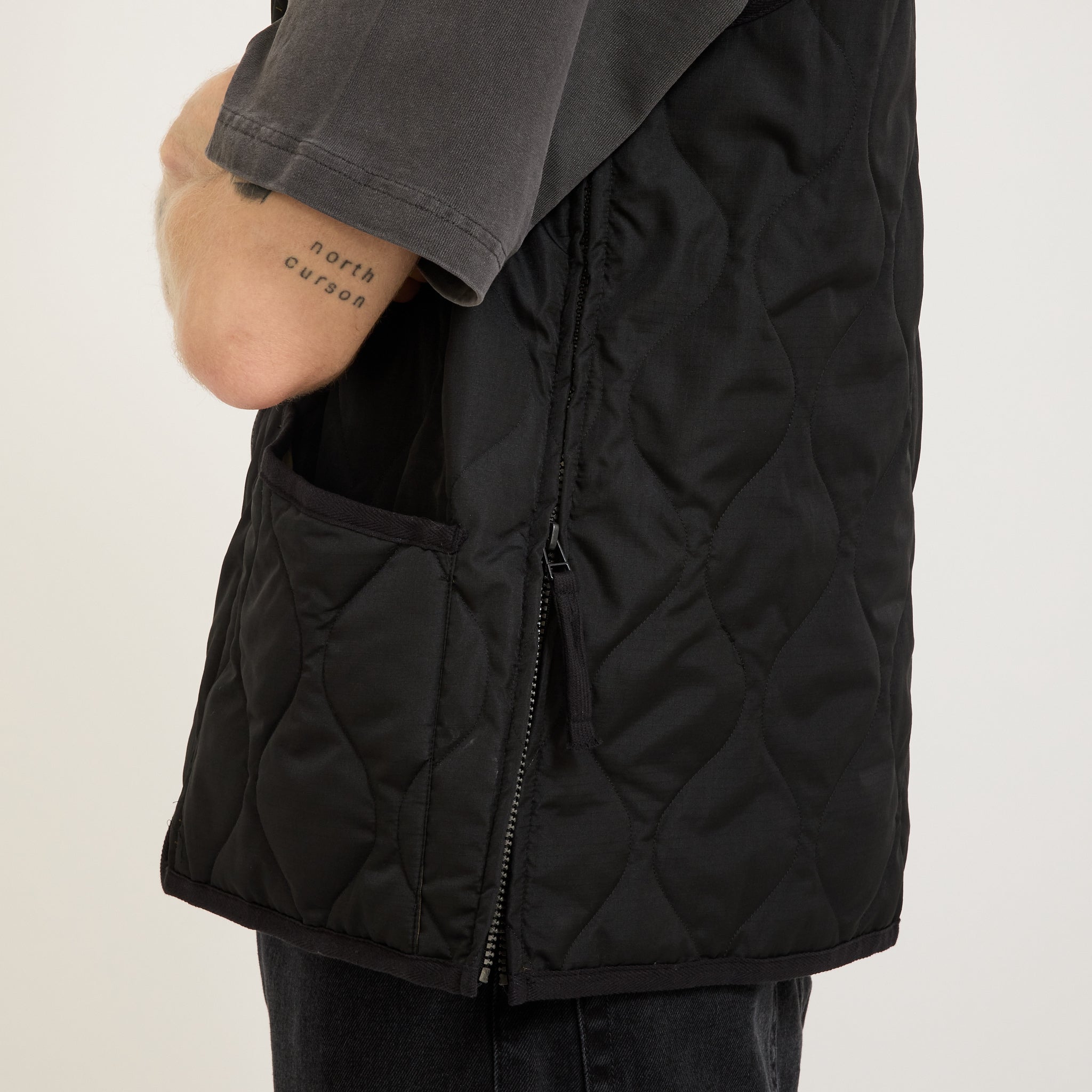 Military Zip V Neck Down Vest Black