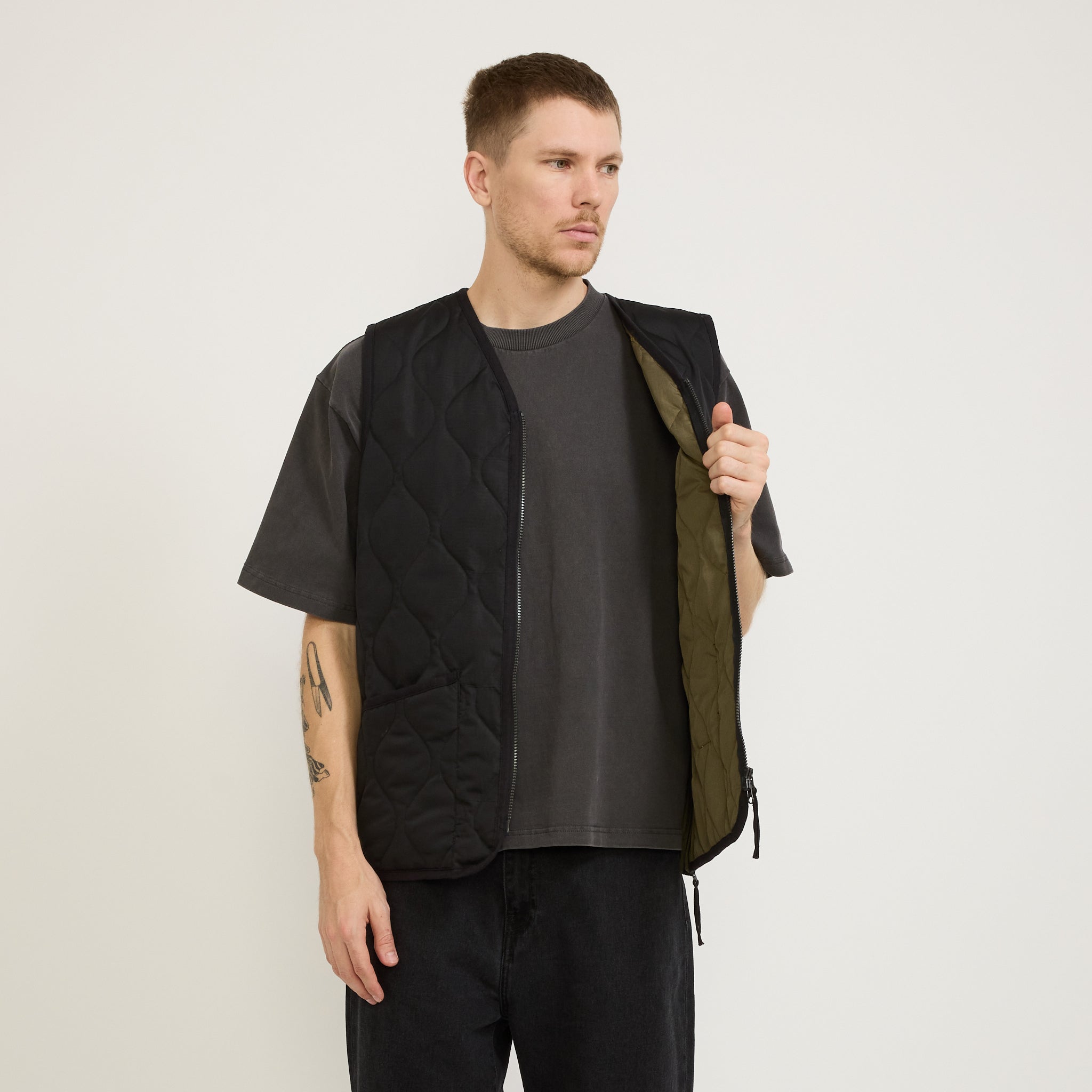 Military Zip V Neck Down Vest Black