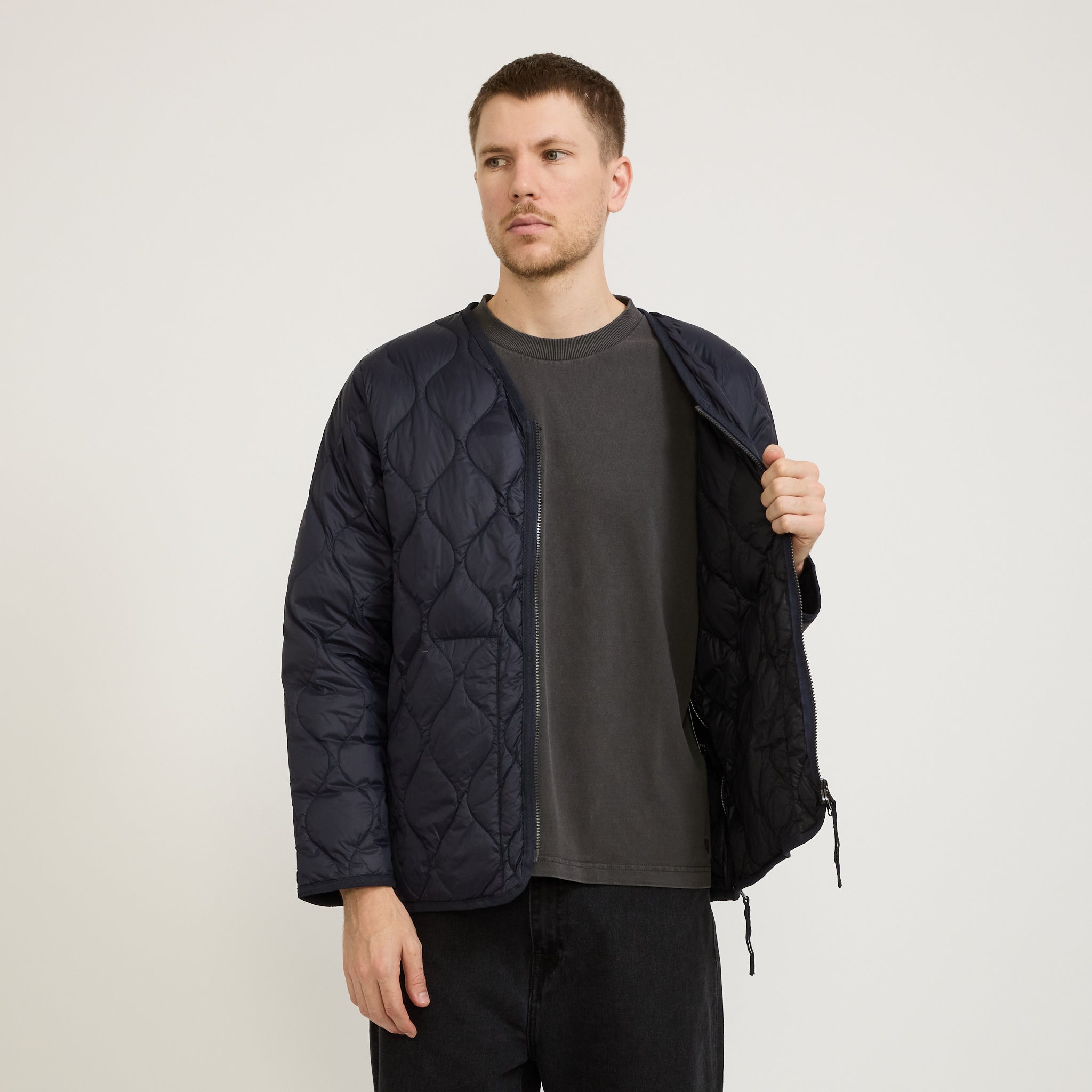 Taion | Military Zip V Neck Soft Shell Down Jacket Dark Navy | Maplestore