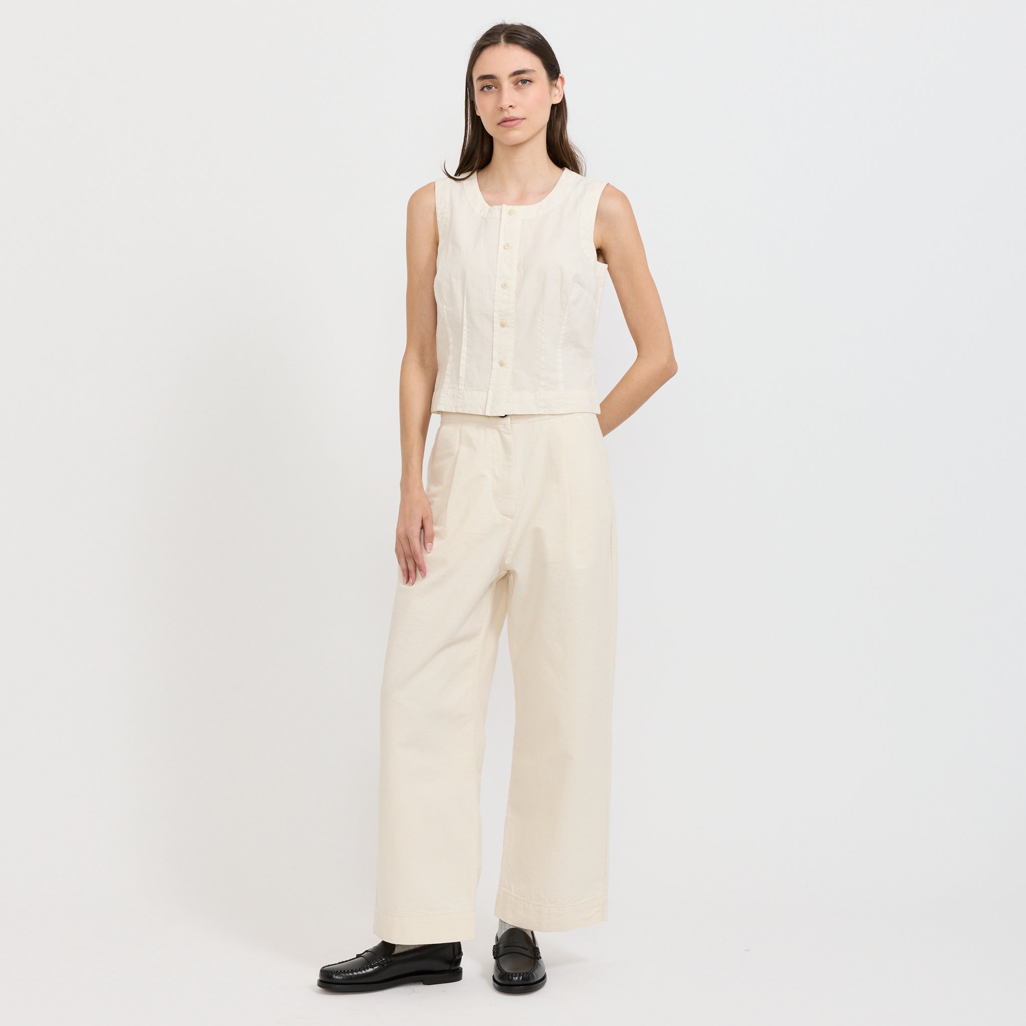 Cotton Linen Poplin Sleeveless Top Ecru
