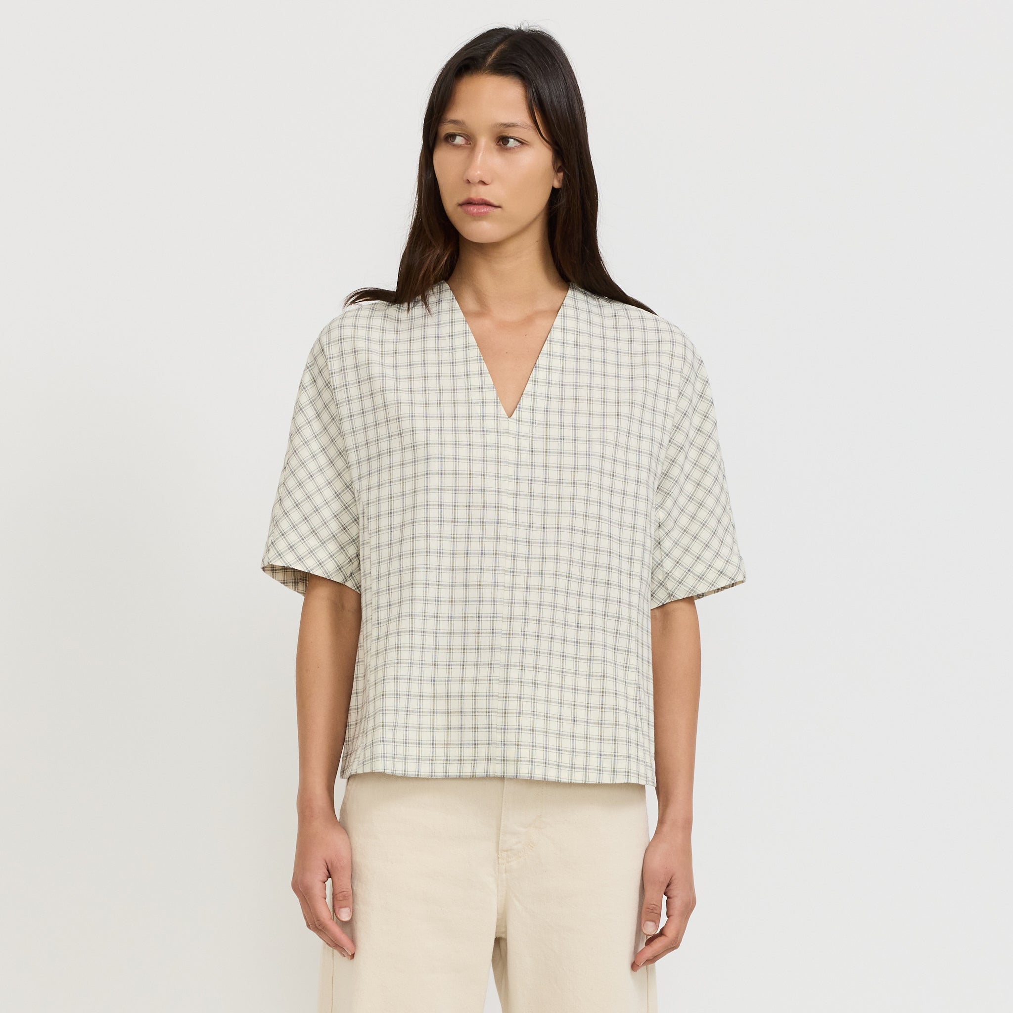 Cotton Window Pane Check V Neck Top Ecru/Slate