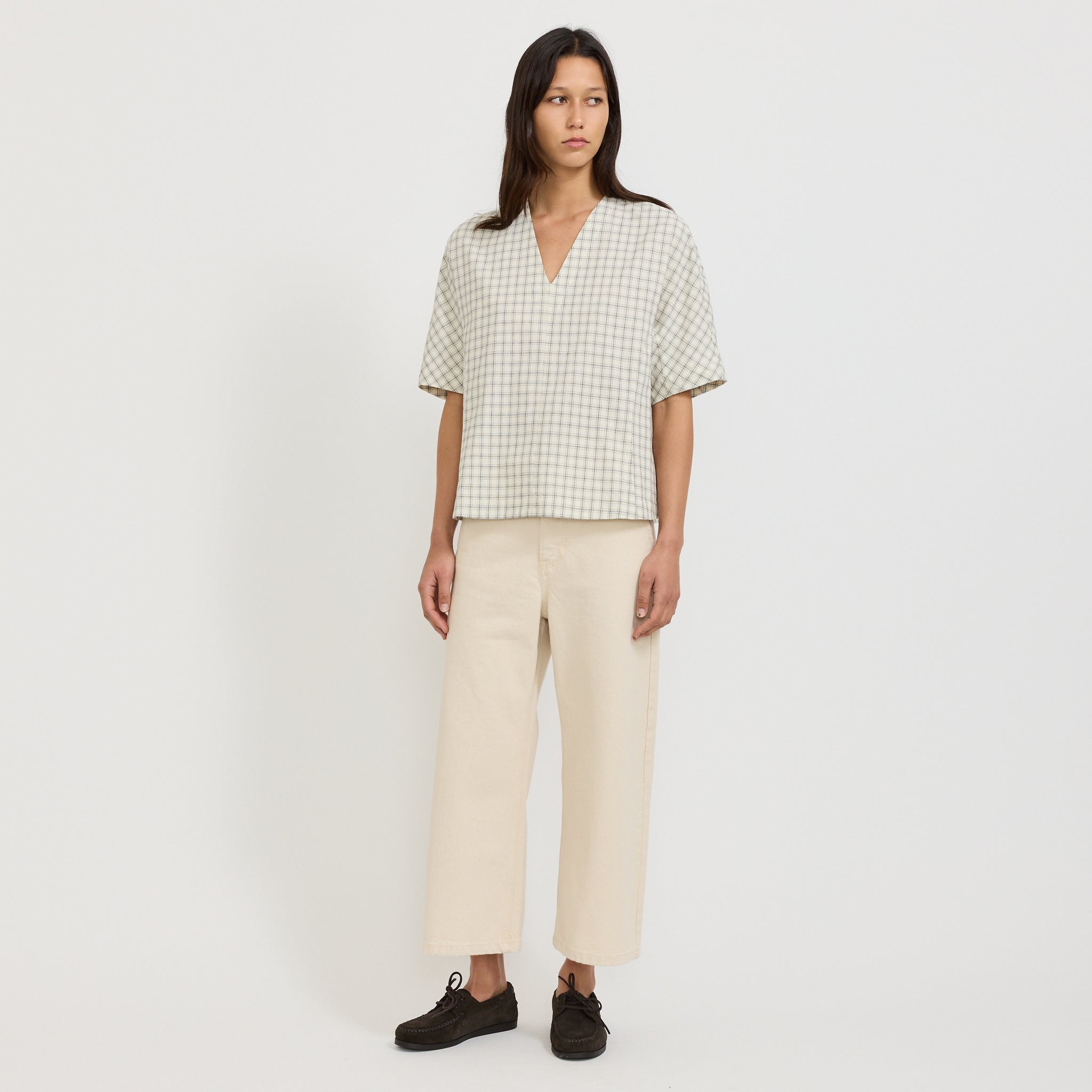 Cotton Window Pane Check V Neck Top Ecru/Slate