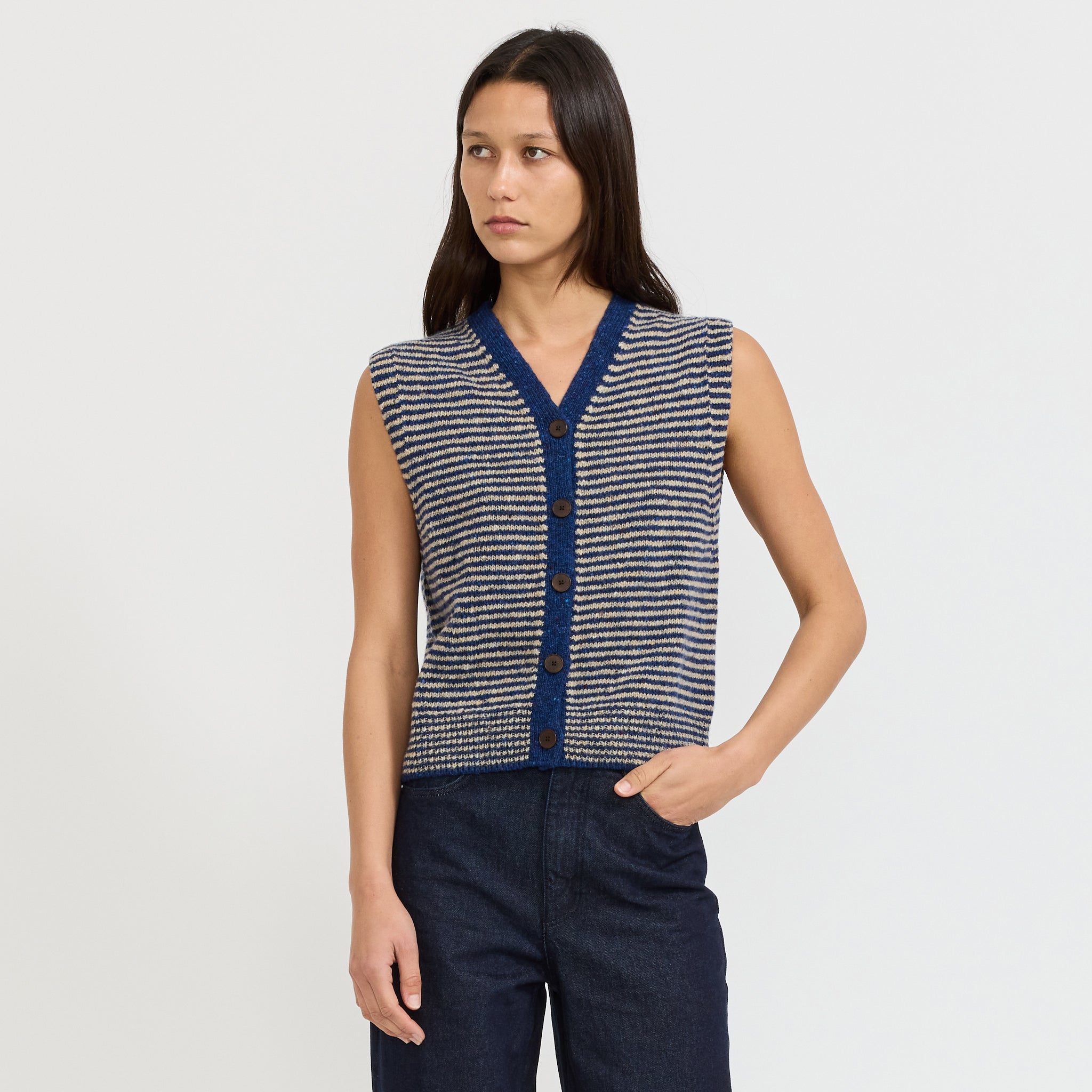 Striped Donegal V Neck Tank Ink/Biscuit