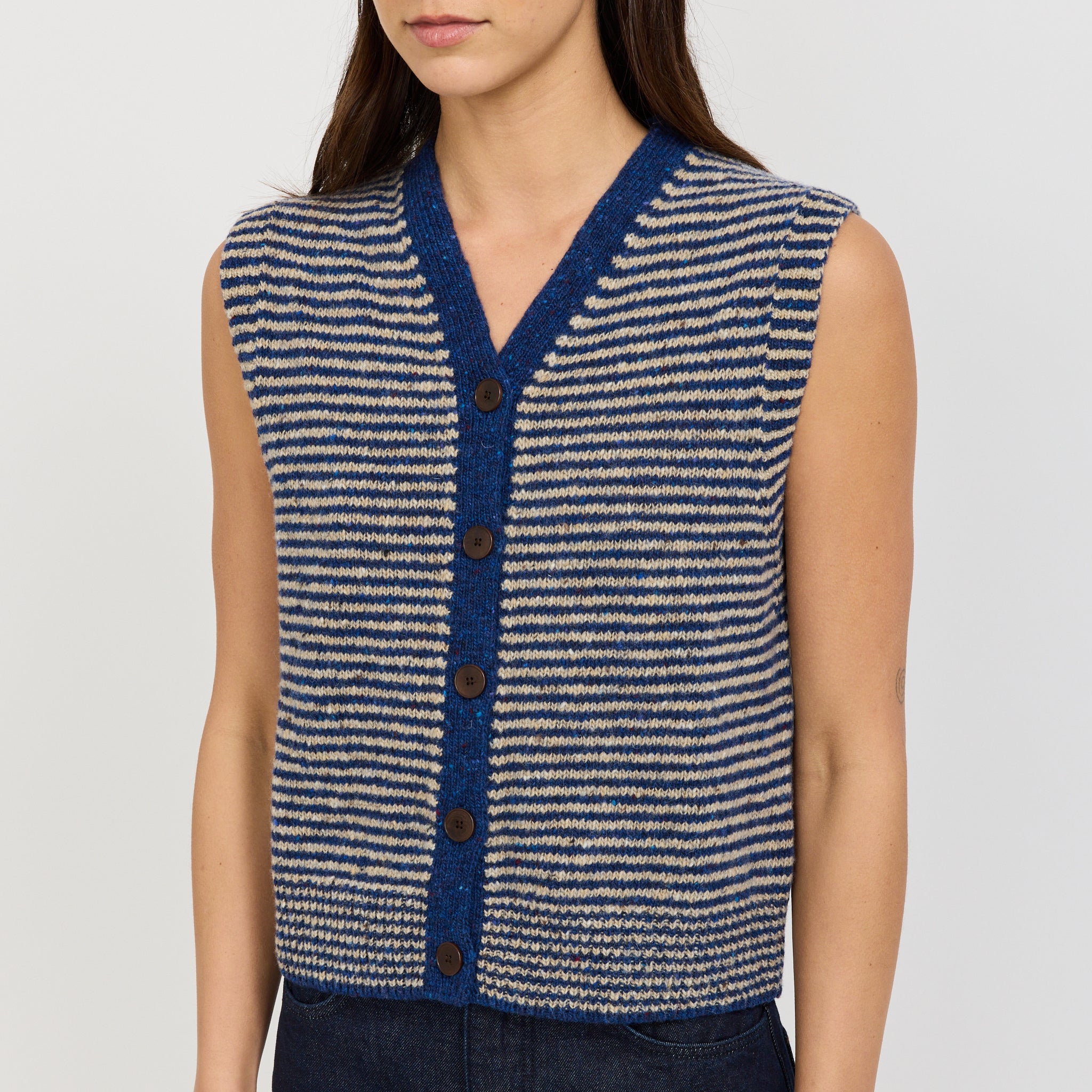 Striped Donegal V Neck Tank Ink/Biscuit
