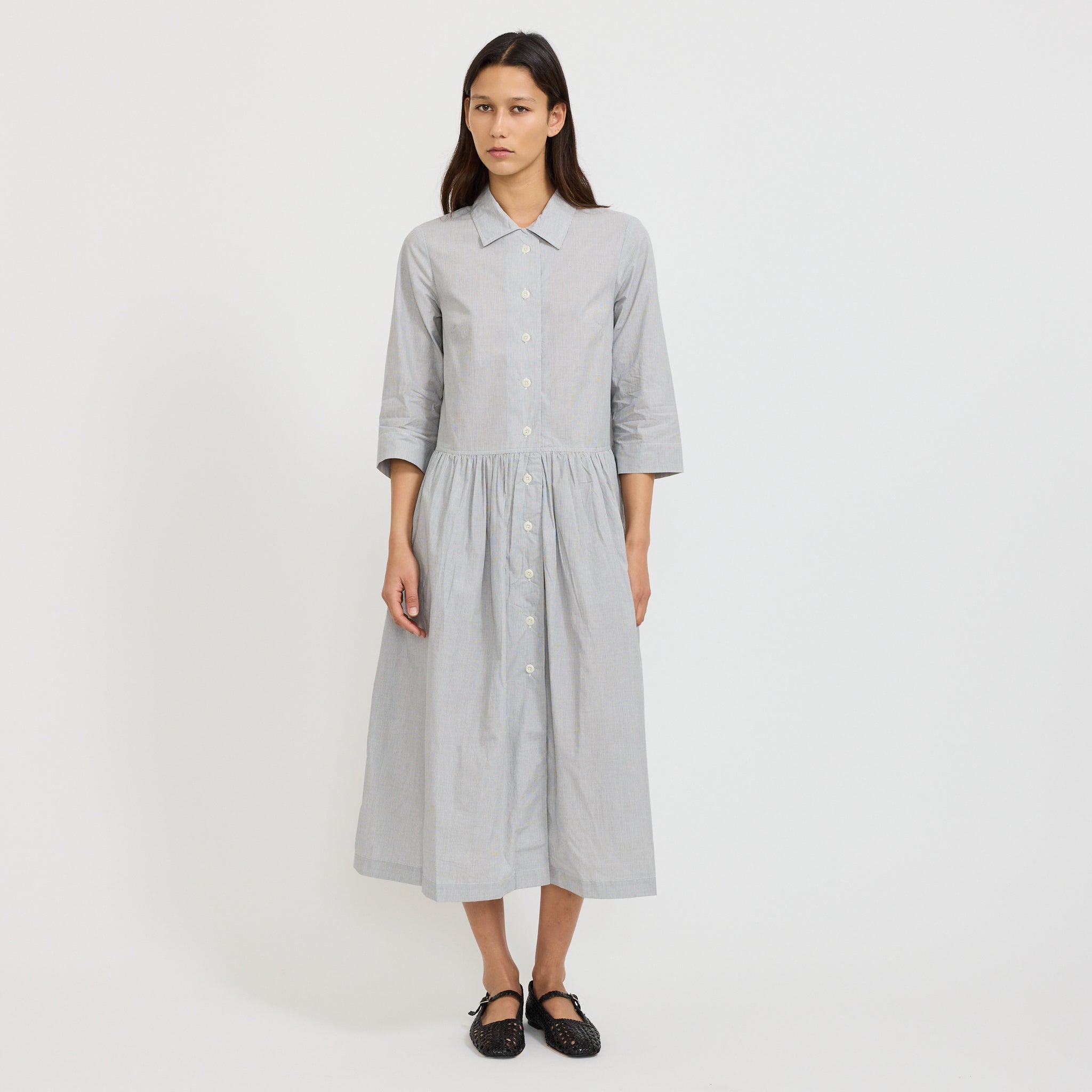 Fine Stripe Cotton Shirt Dress Ecru/Slate