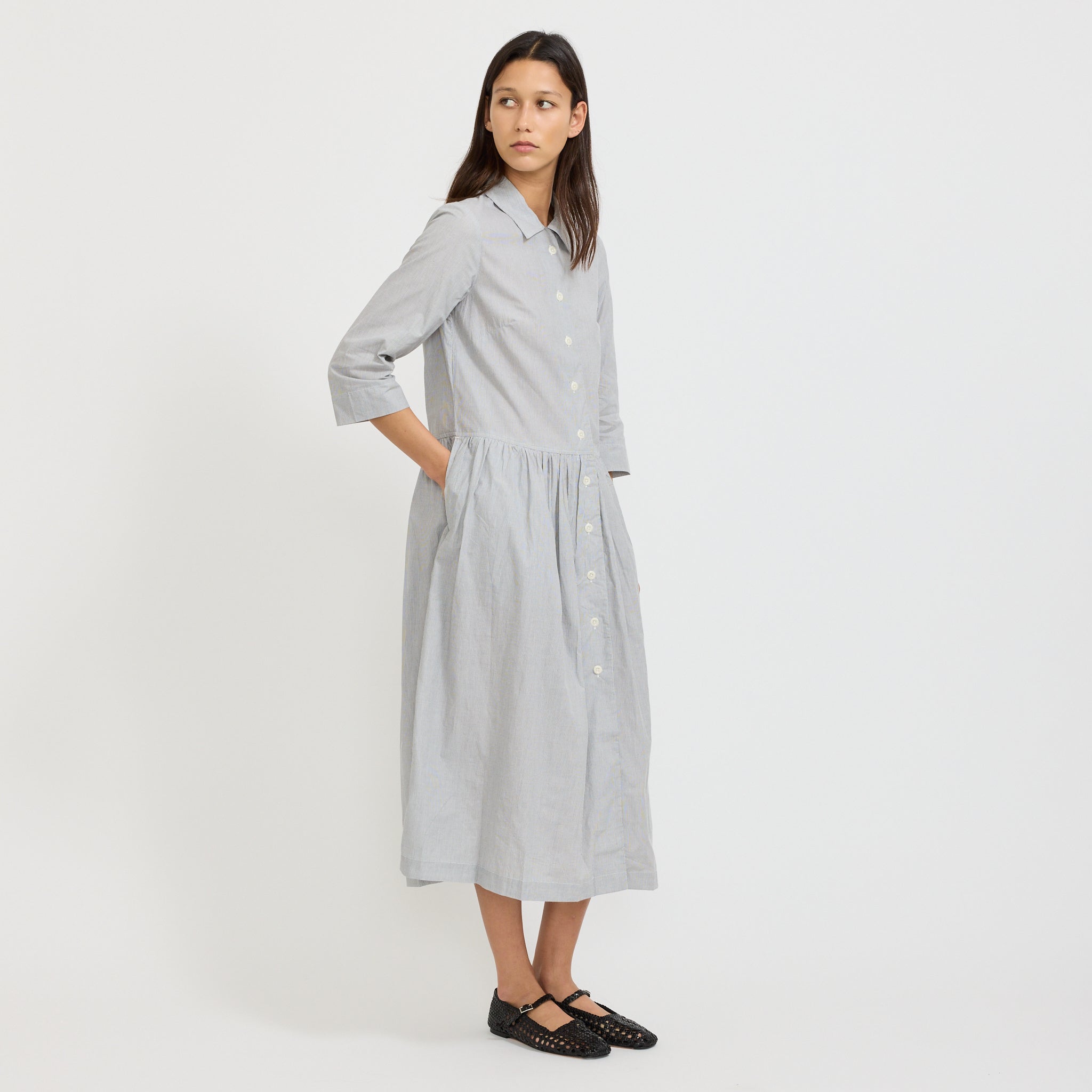 Fine Stripe Cotton Shirt Dress Ecru/Slate