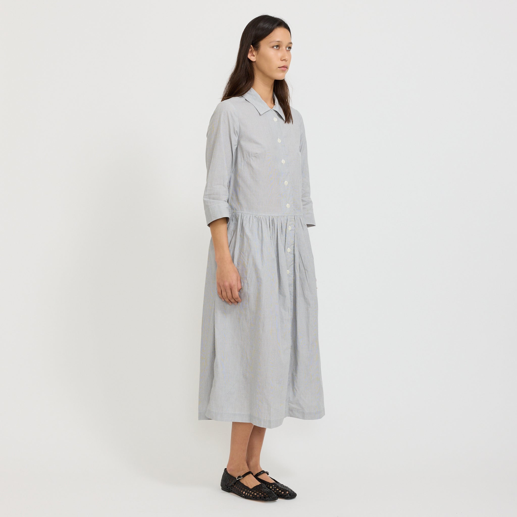 Fine Stripe Cotton Shirt Dress Ecru/Slate
