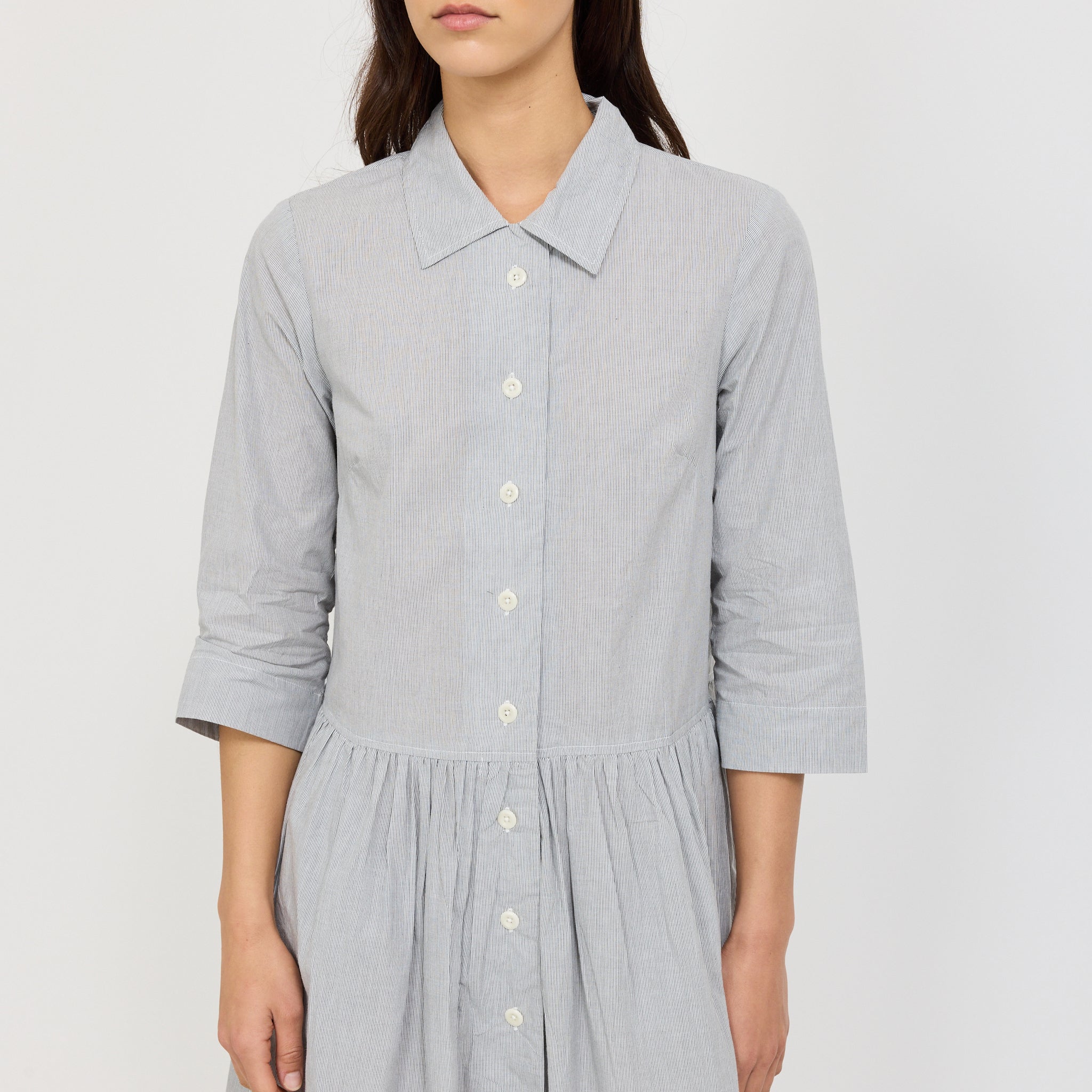 Fine Stripe Cotton Shirt Dress Ecru/Slate