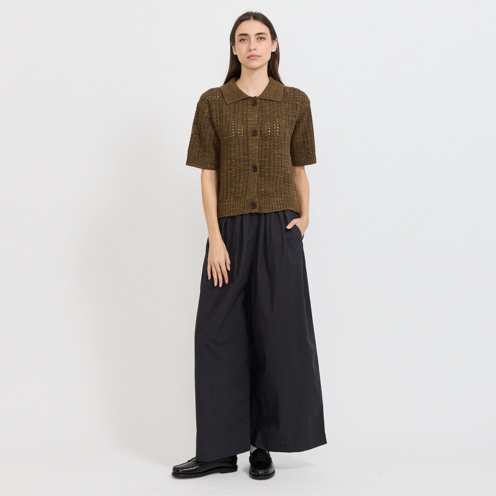 Open Stitch Knitted Linen Cotton Polo Bronze Green