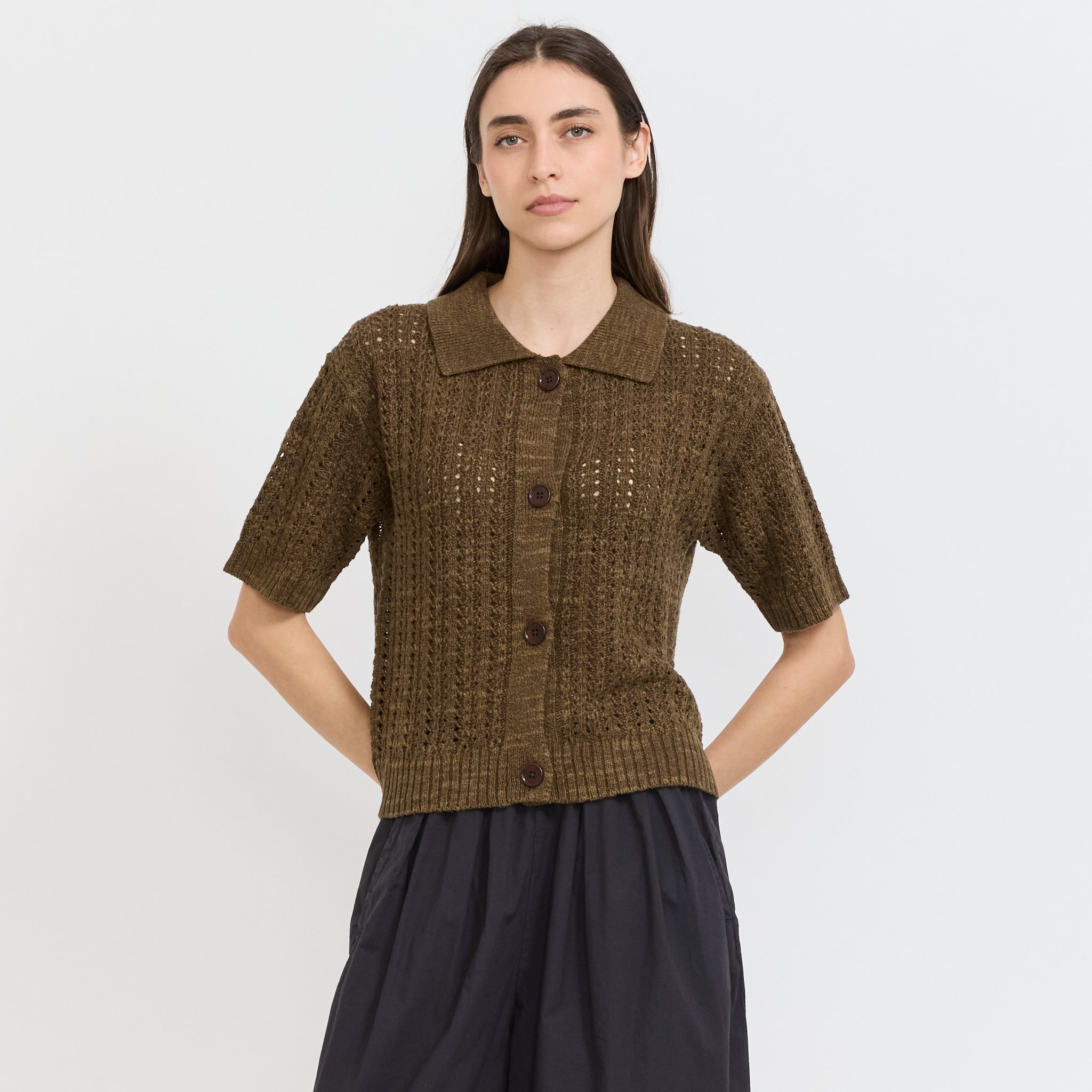 Open Stitch Knitted Linen Cotton Polo Bronze Green