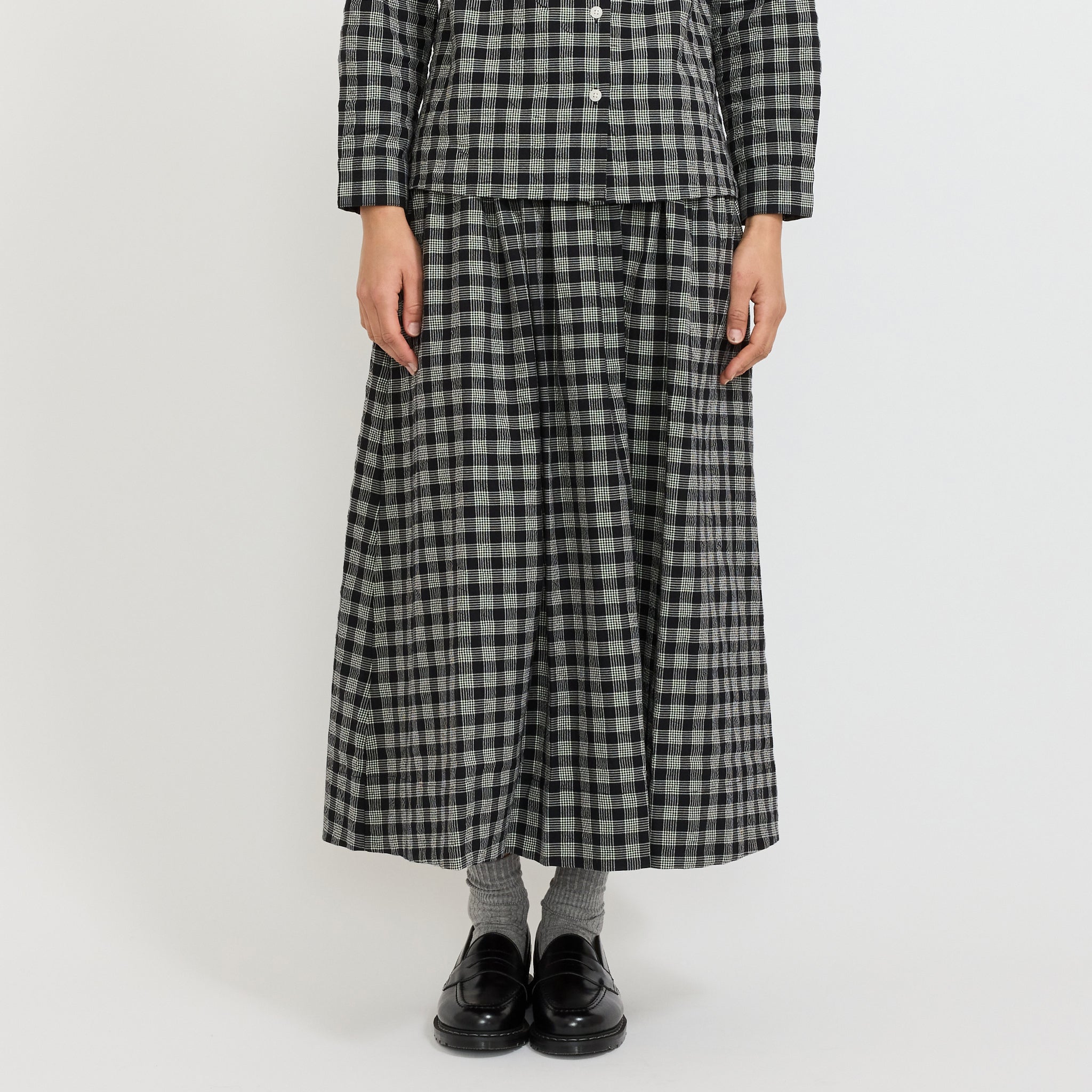 Binding Check Cotton Wool Gathered Skirt Black/Ecru