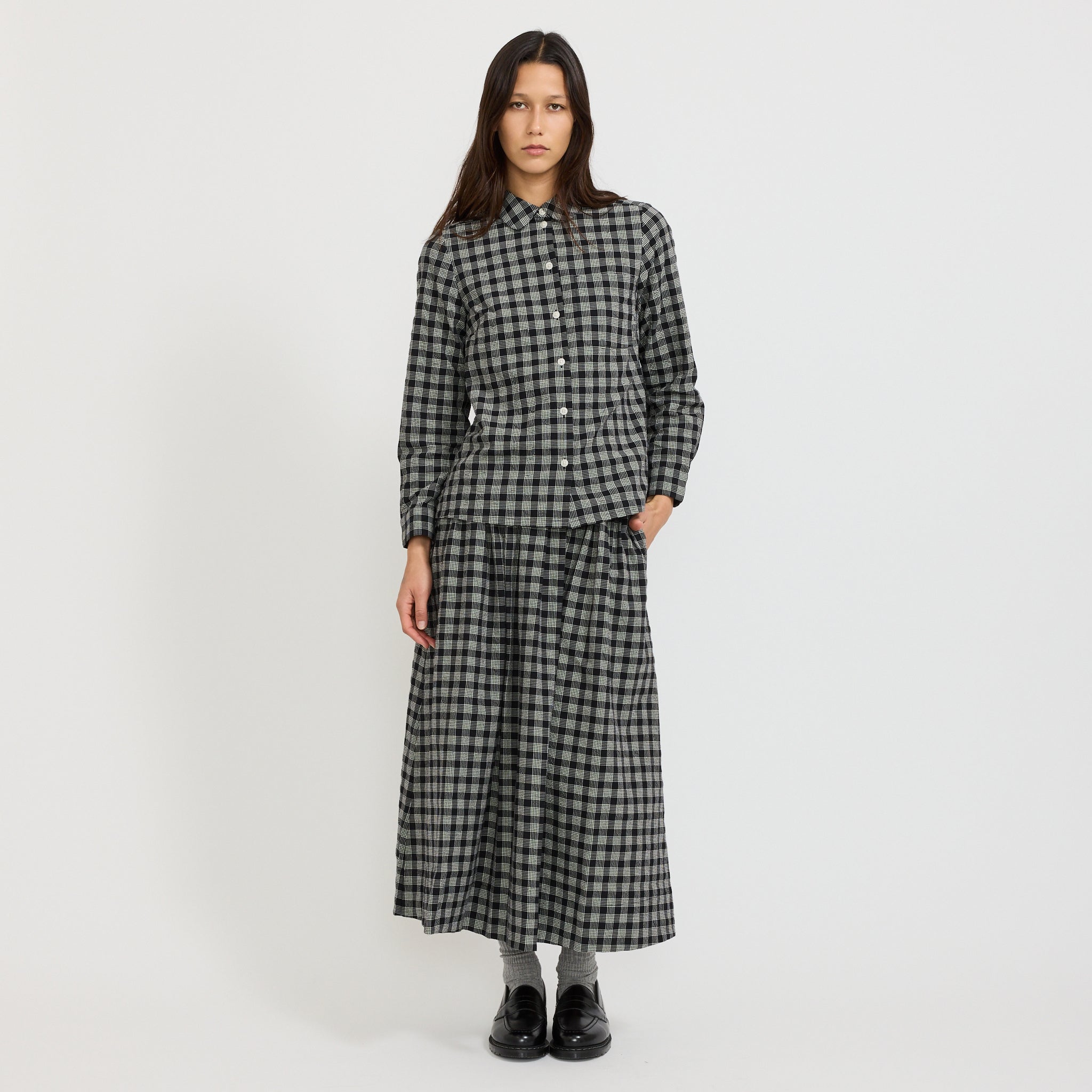Binding Check Cotton Wool Gathered Skirt Black/Ecru