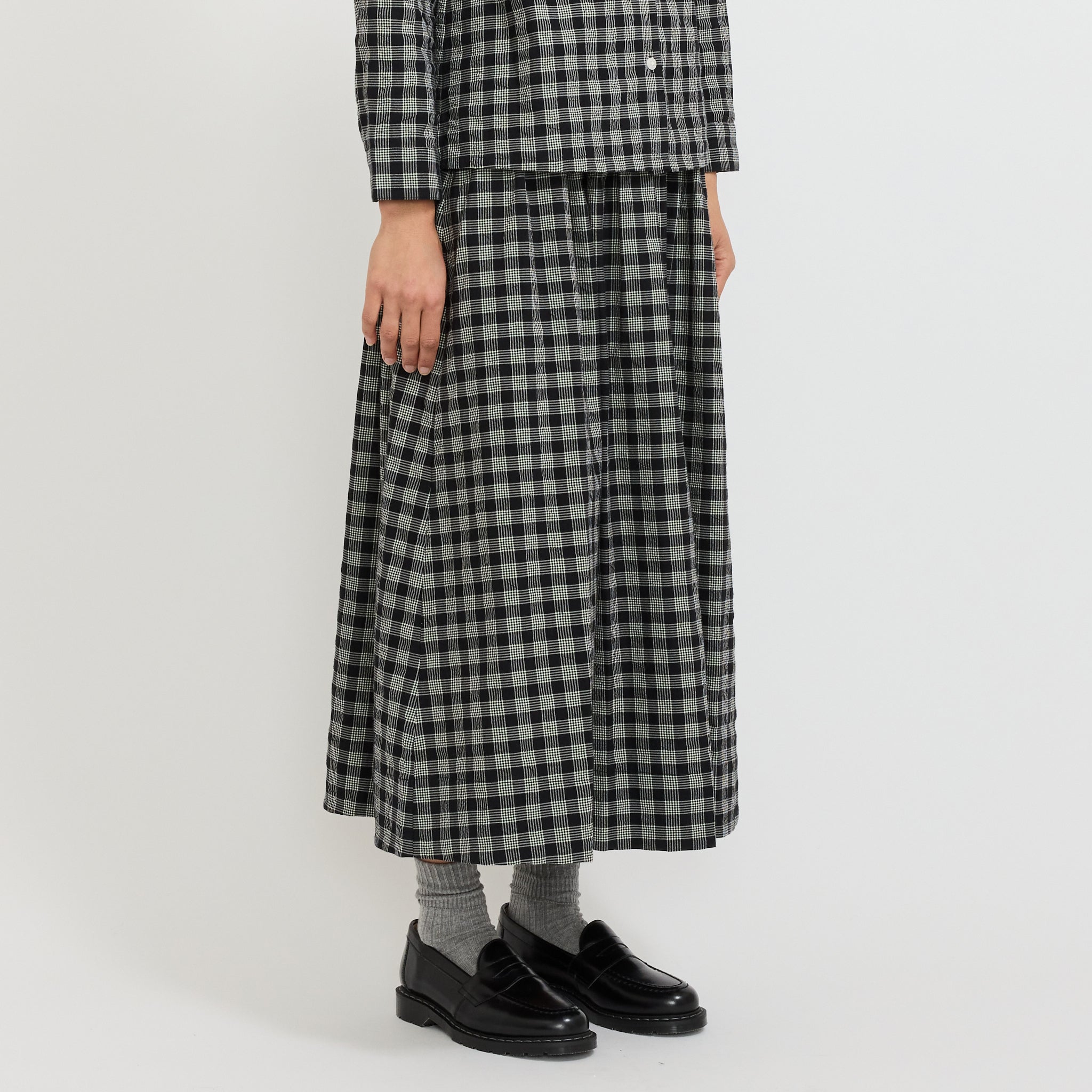 Binding Check Cotton Wool Gathered Skirt Black/Ecru
