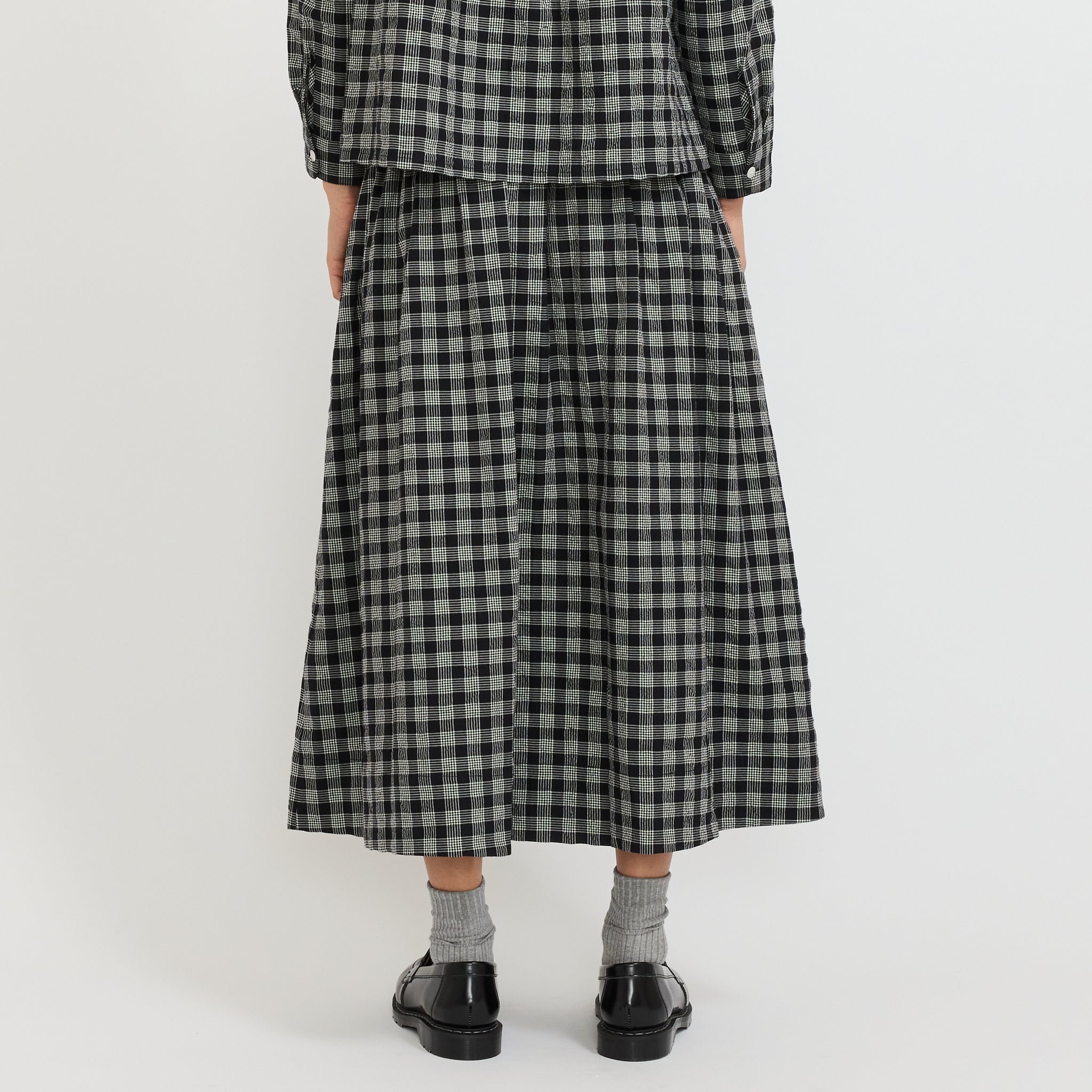 Binding Check Cotton Wool Gathered Skirt Black/Ecru