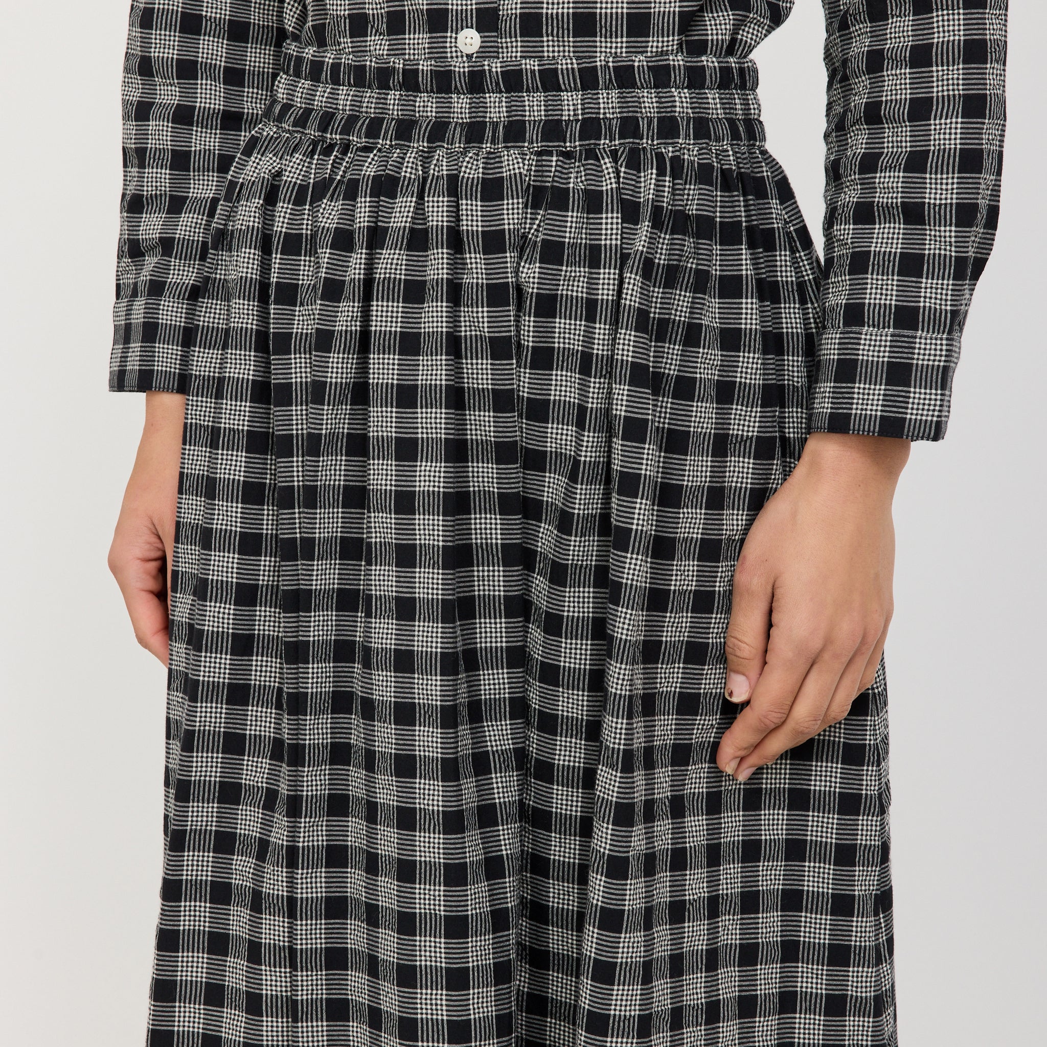Binding Check Cotton Wool Gathered Skirt Black/Ecru