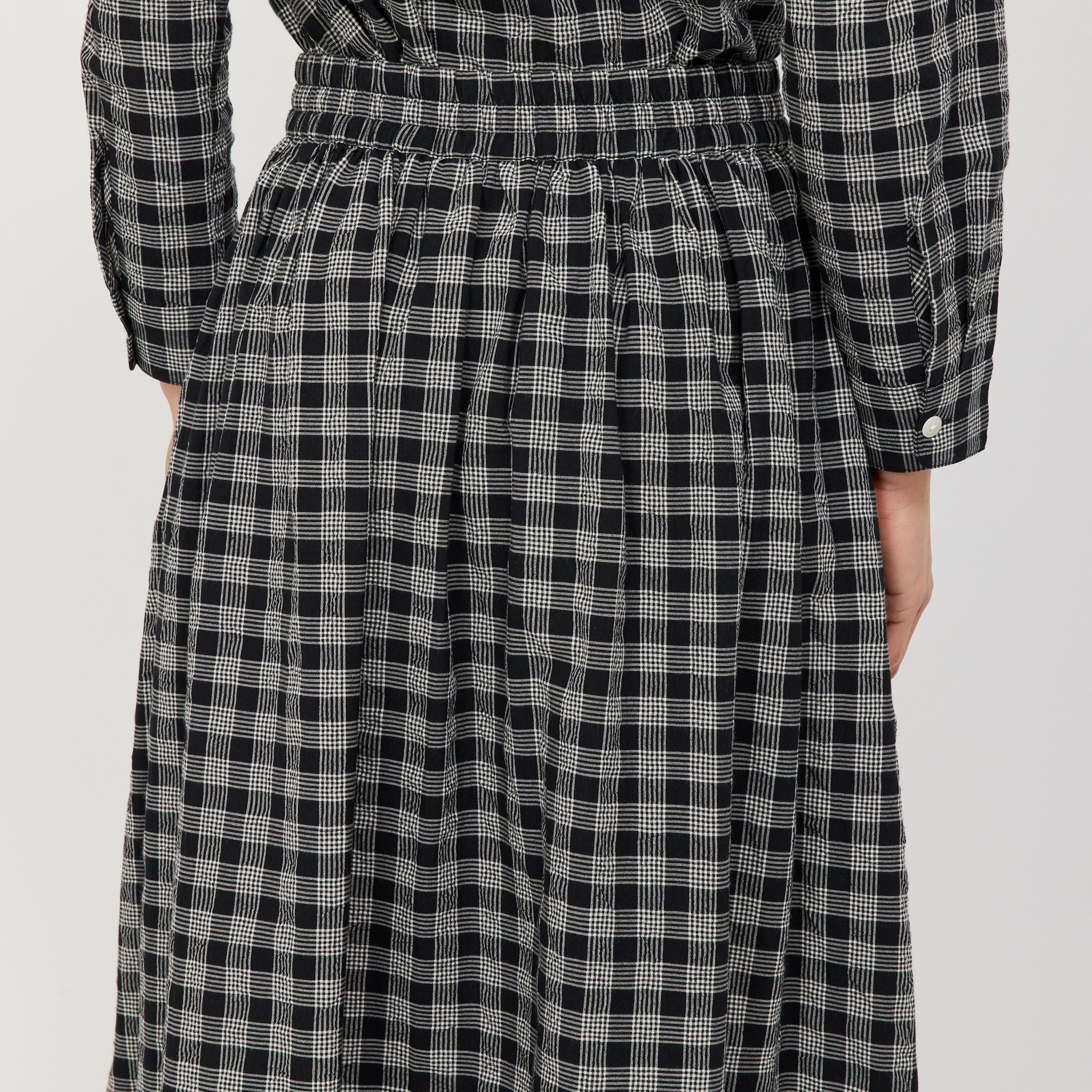 Binding Check Cotton Wool Gathered Skirt Black/Ecru