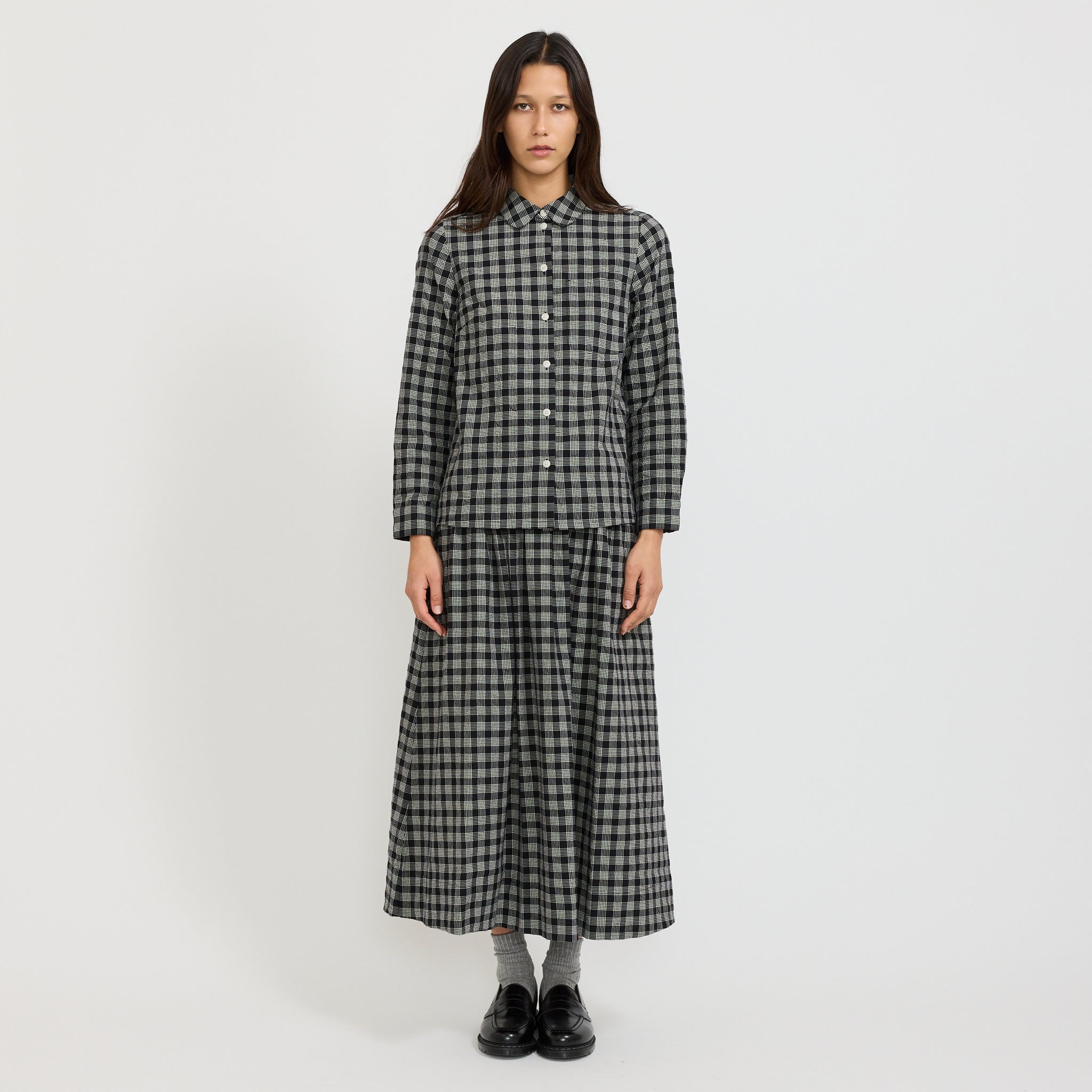 Binding Check Cotton Wool Gathered Skirt Black/Ecru