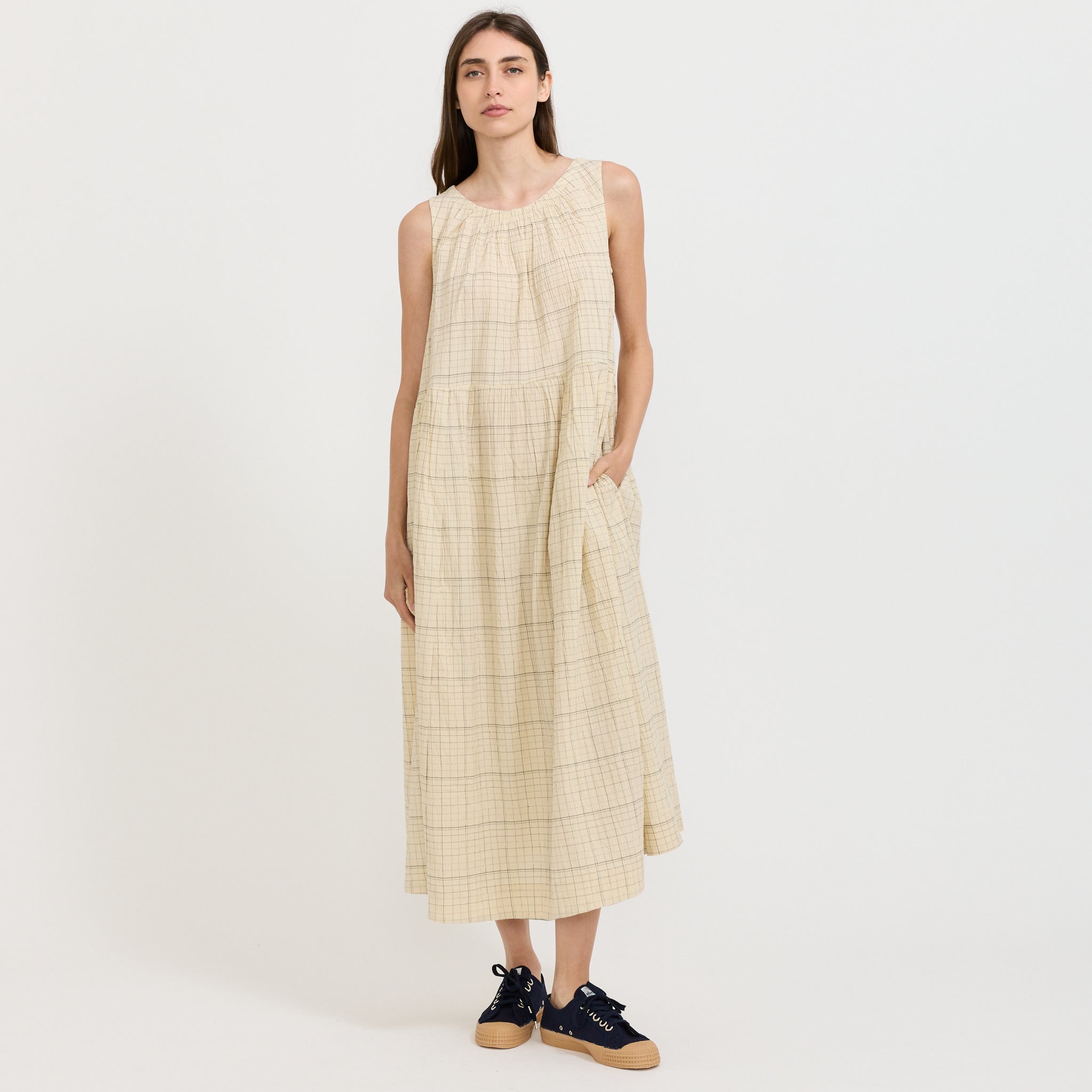 Page Check Cotton Sleeveless Dress Ecru/Black