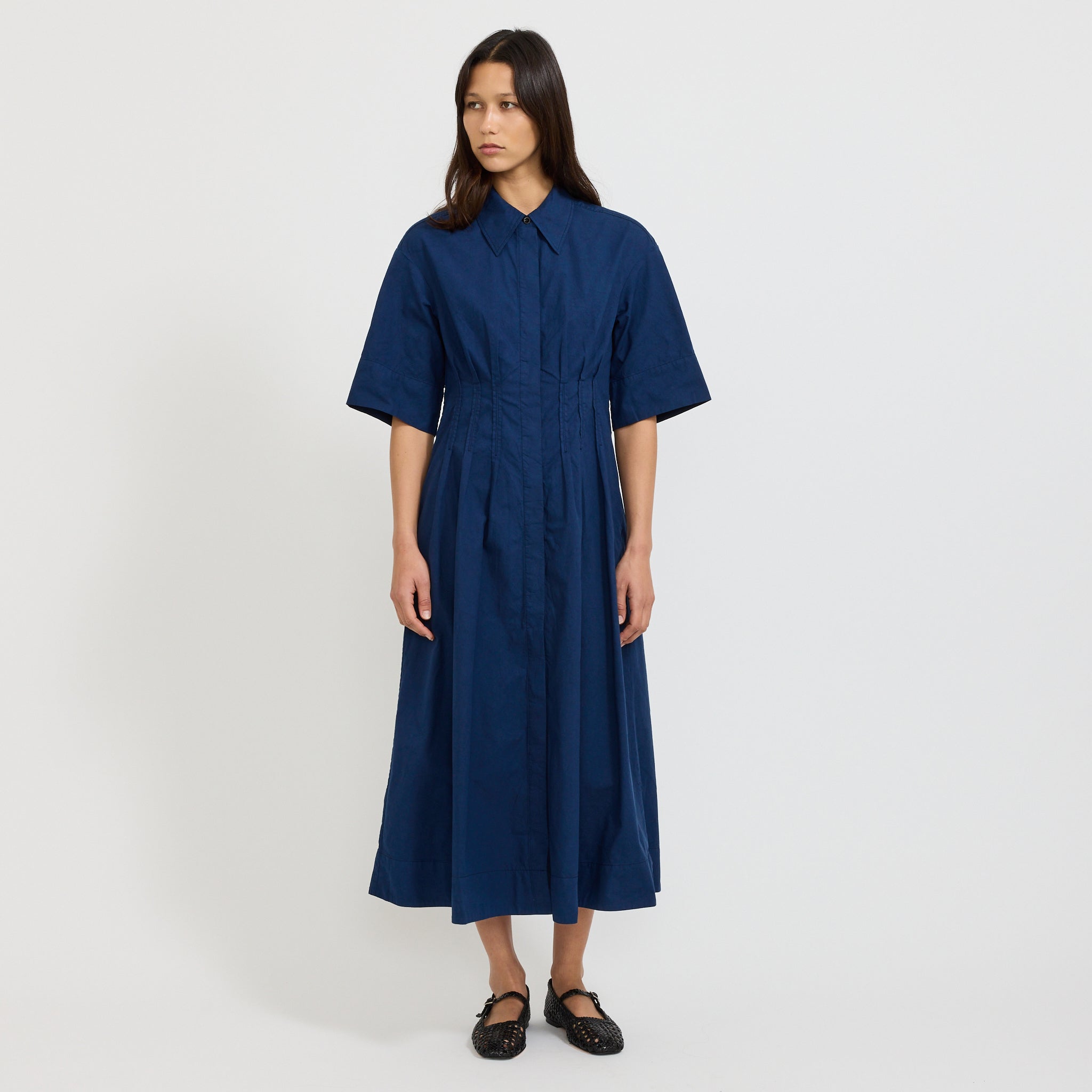 Pleated Organic Cotton Linen Dress Mid Blue