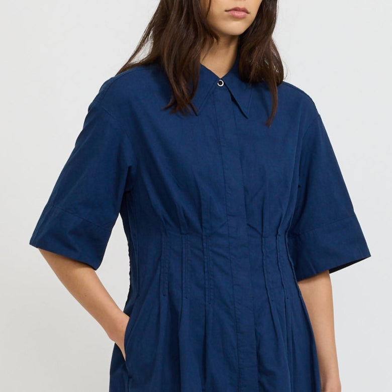 Pleated Organic Cotton Linen Dress Mid Blue