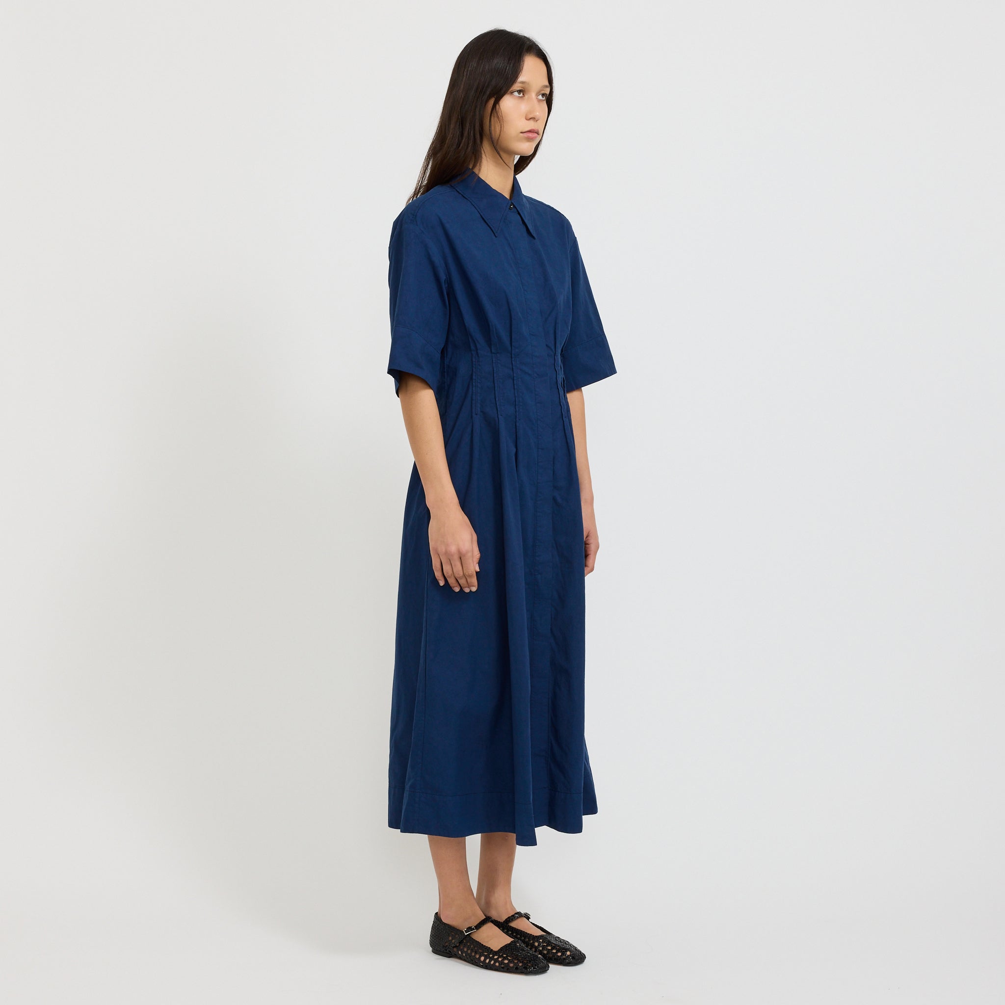 Pleated Organic Cotton Linen Dress Mid Blue