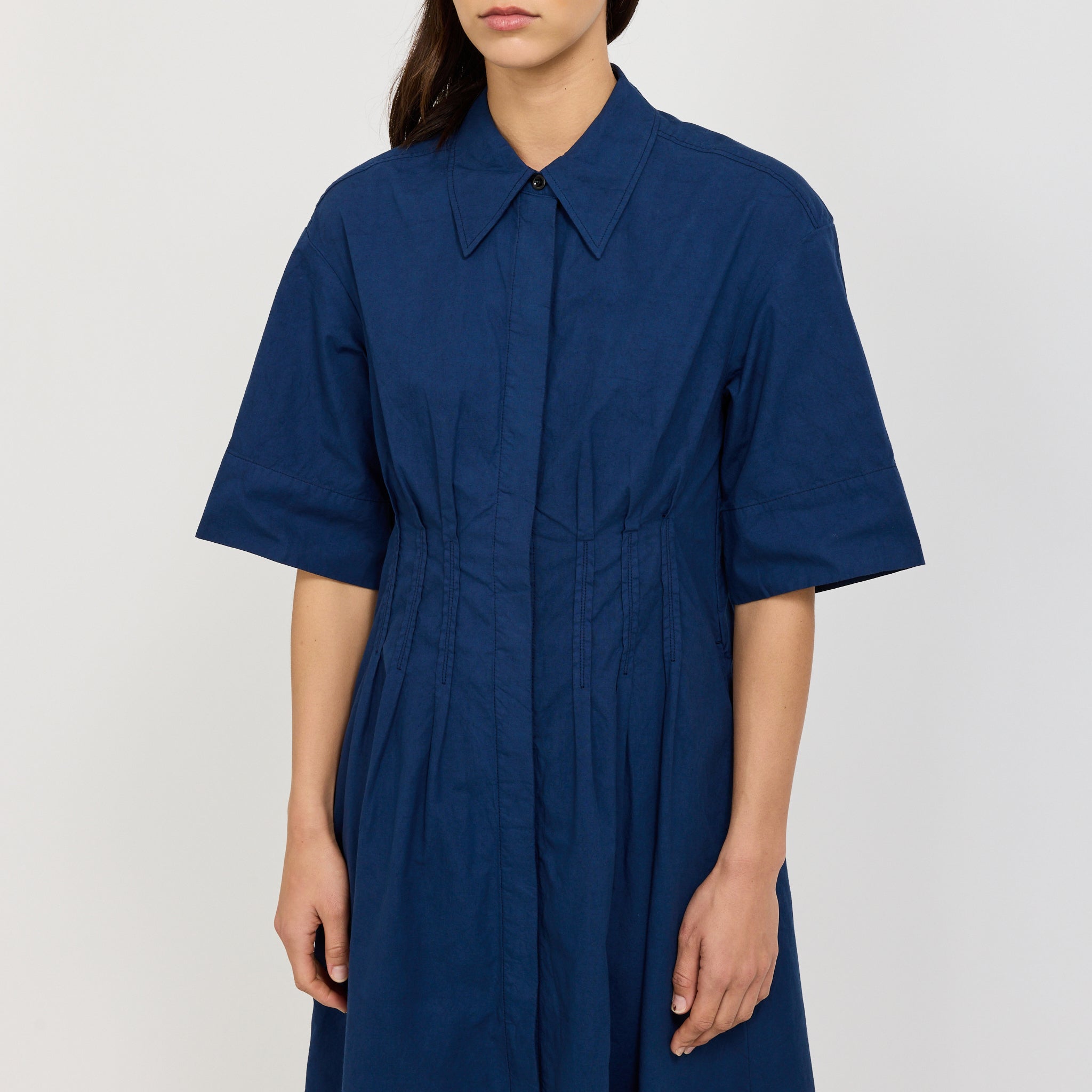 Pleated Organic Cotton Linen Dress Mid Blue