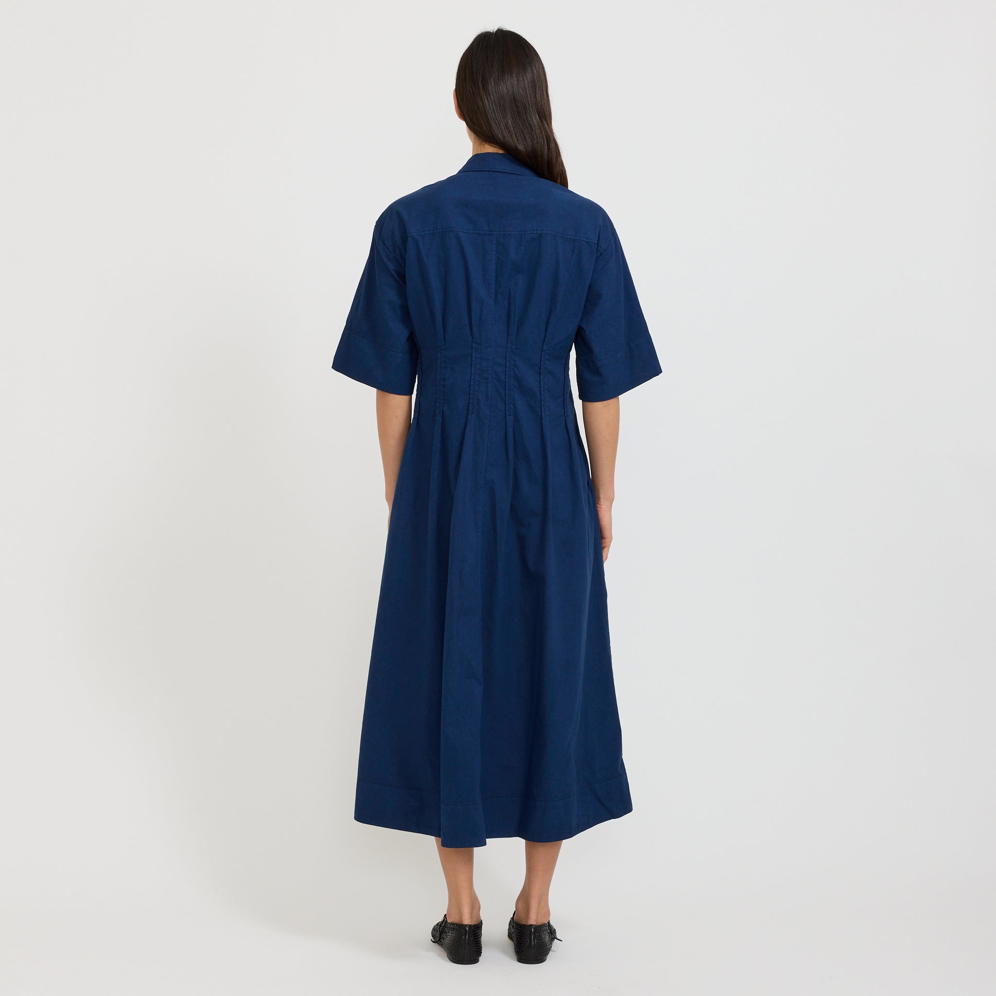 Pleated Organic Cotton Linen Dress Mid Blue