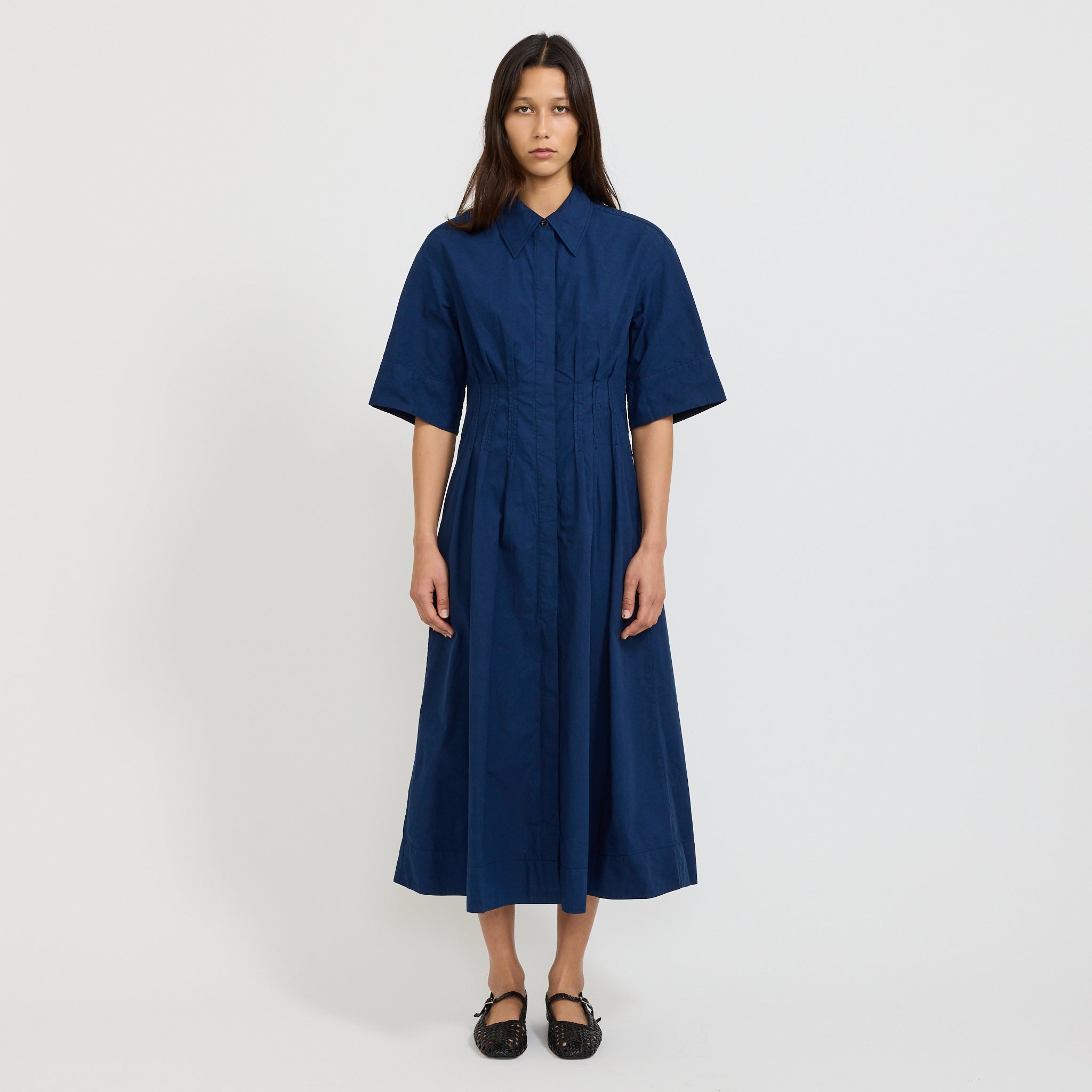 Pleated Organic Cotton Linen Dress Mid Blue