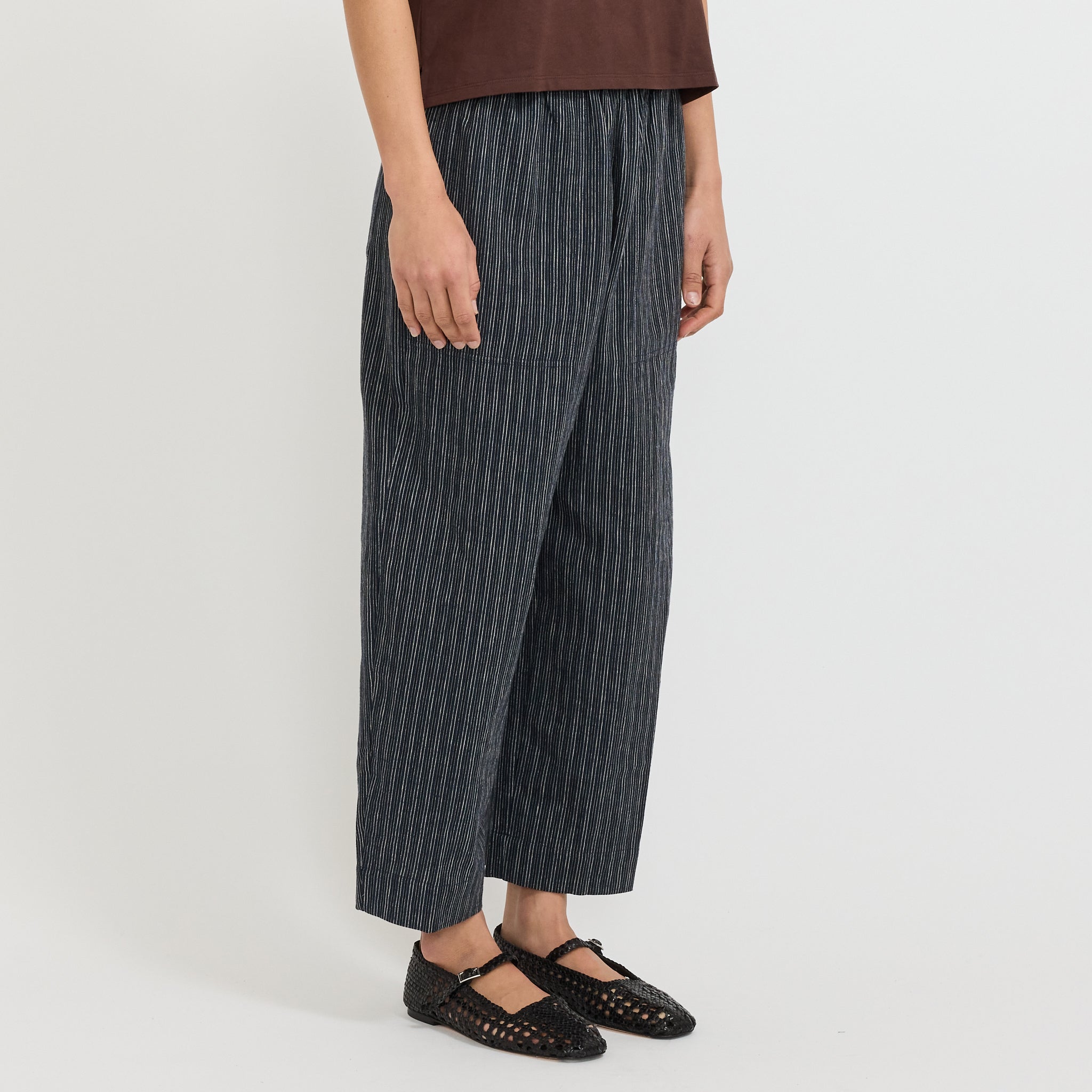 Toast | Stripe Linen Cotton Barrel Leg Trousers Shadow Blue/Black | Maplestore