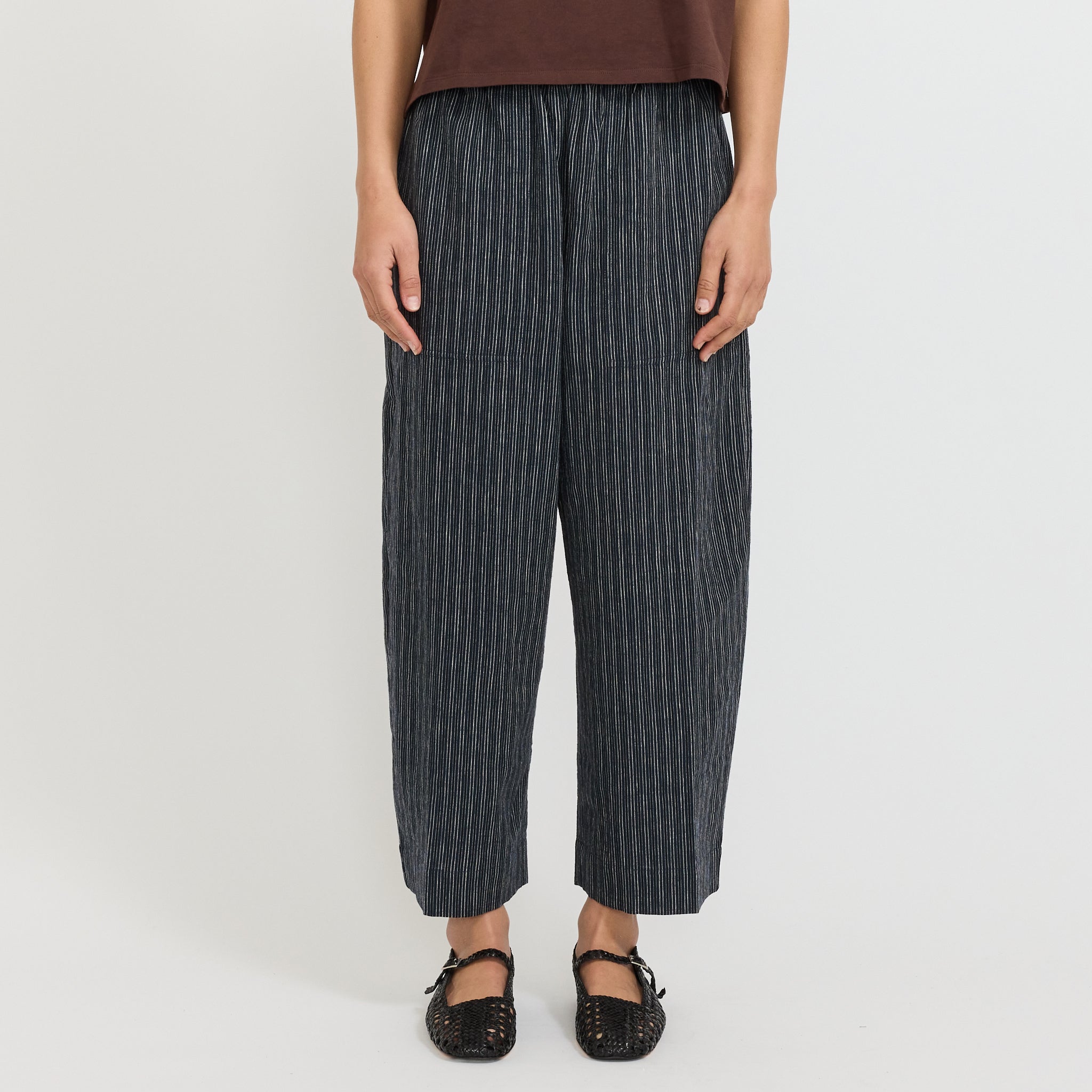 Toast | Stripe Linen Cotton Barrel Leg Trousers Shadow Blue/Black | Maplestore