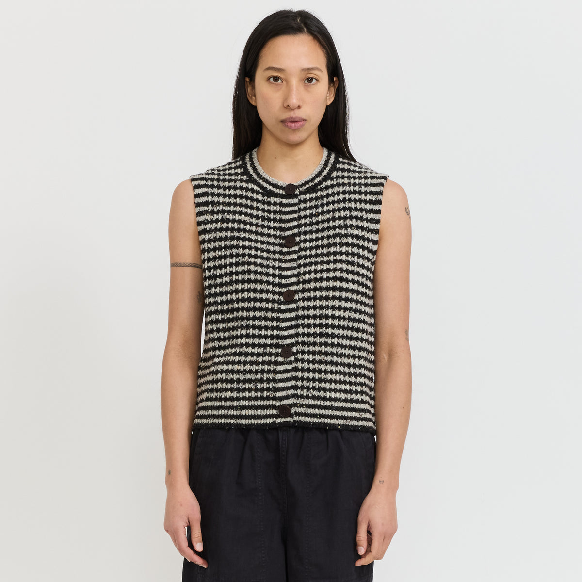 Striped Donegal Wool Buttoned Tank Flax/Charcoal