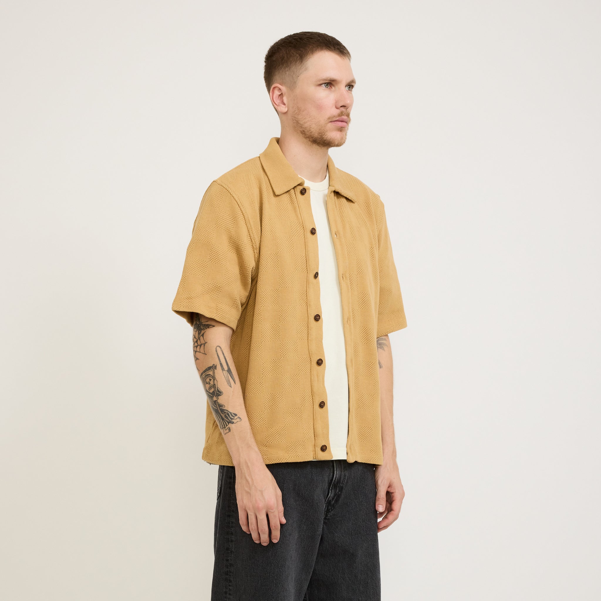 Universal Works | Button Through Polo Fantasy Checkerboard Sand | Maplestore