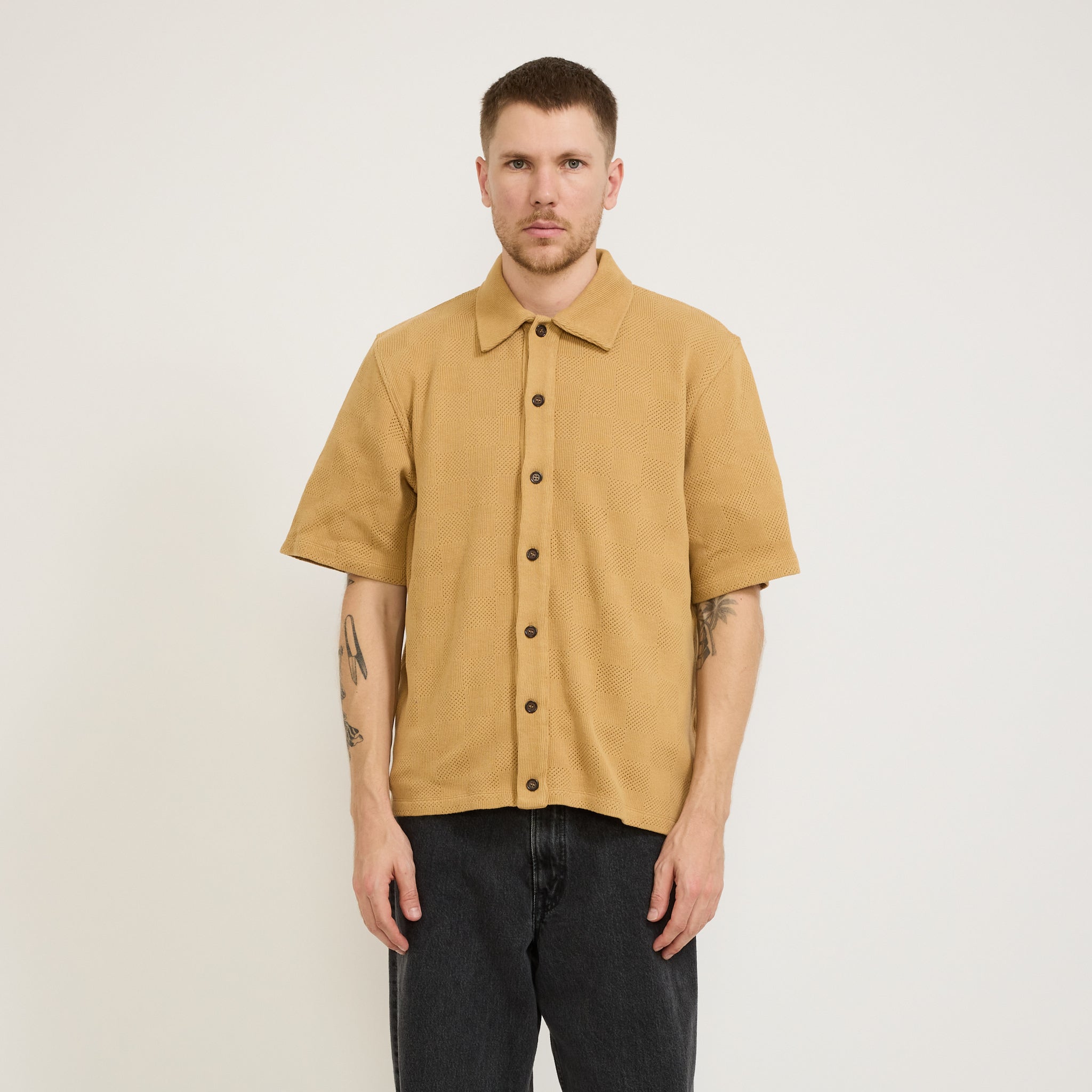 Universal Works | Button Through Polo Fantasy Checkerboard Sand | Maplestore