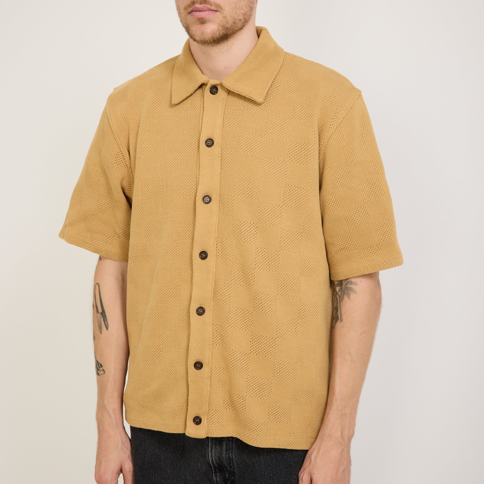 Universal Works | Button Through Polo Fantasy Checkerboard Sand | Maplestore