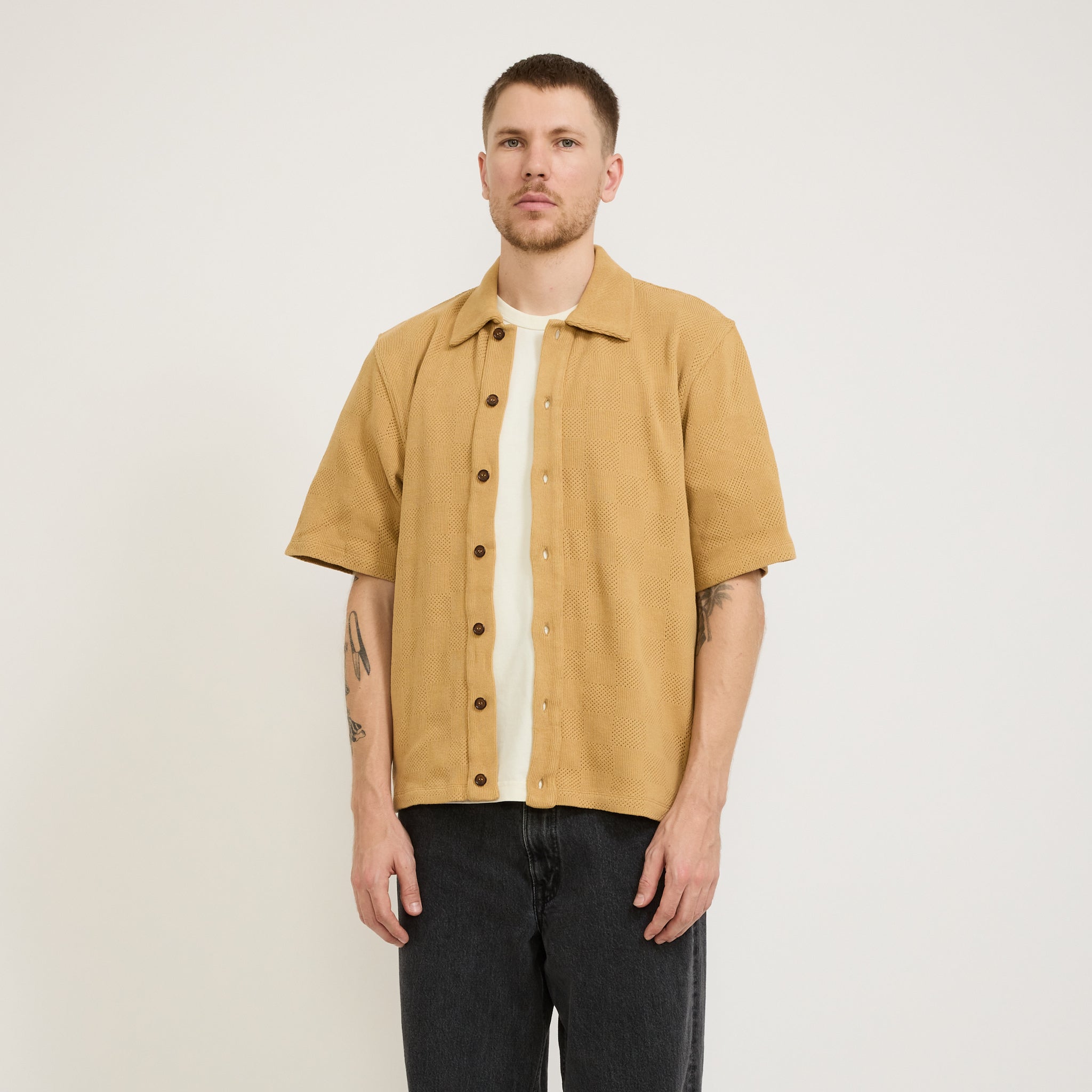 Universal Works | Button Through Polo Fantasy Checkerboard Sand | Maplestore