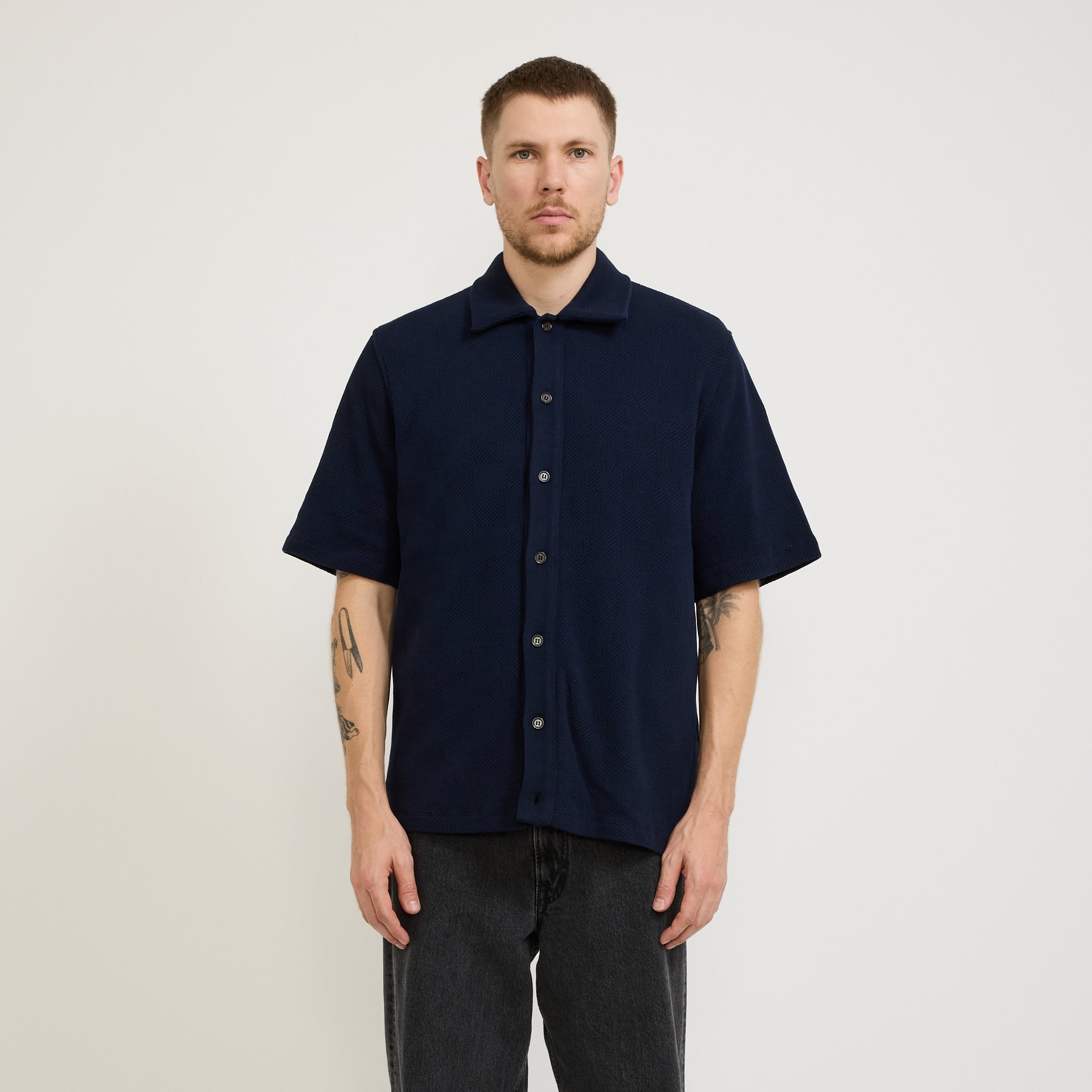 Universal Works | Button Through Polo Fantasy Checkerboard Bright Navy | Maplestore